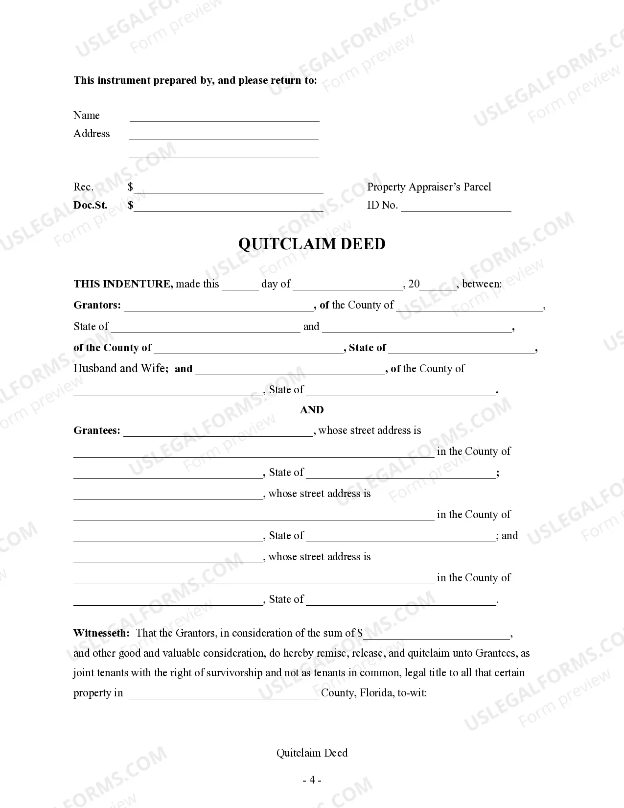 Preview Quitclaim Deed from husband, wife, and an individual to three individuals.
