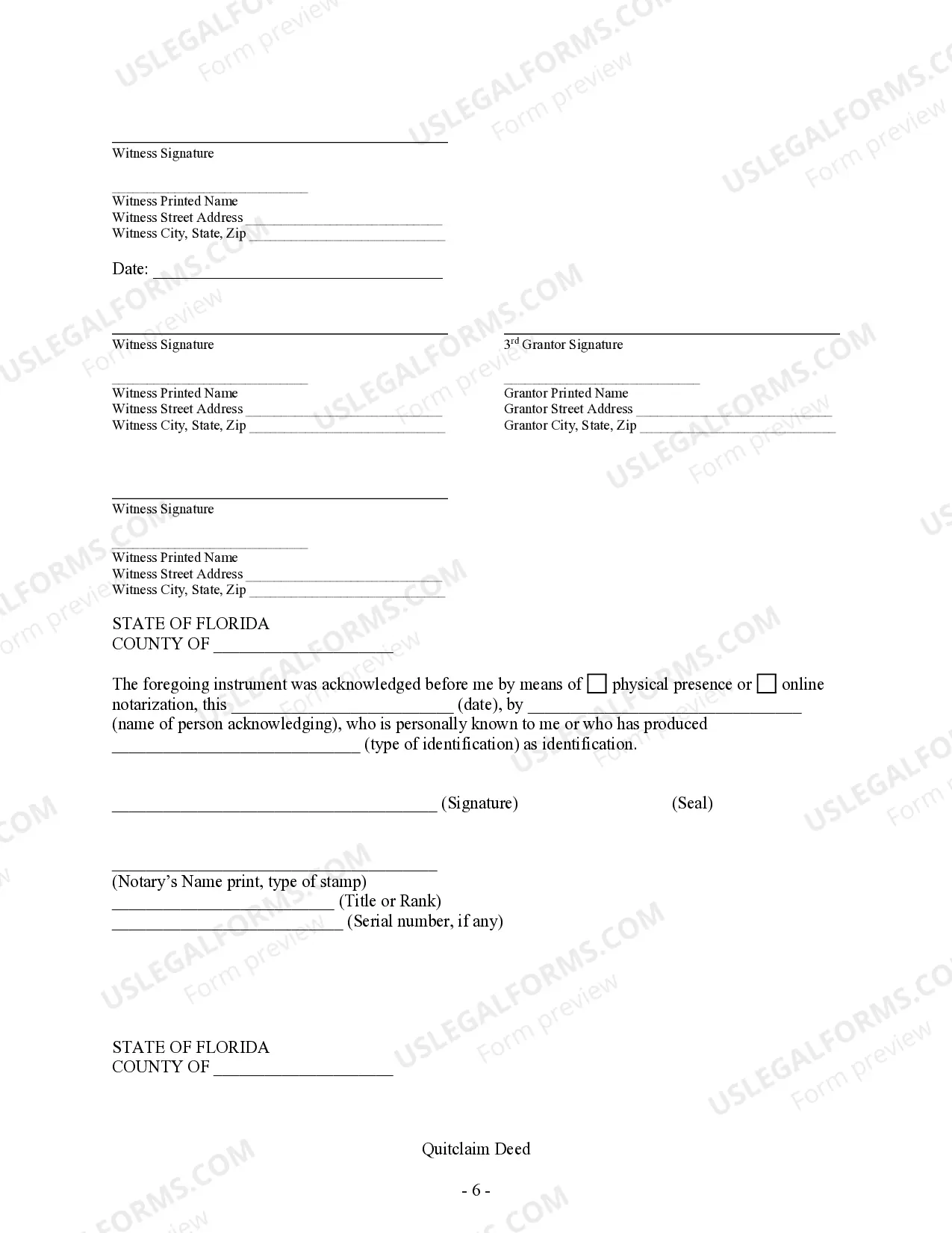 Preview Quitclaim Deed from husband, wife, and an individual to three individuals.