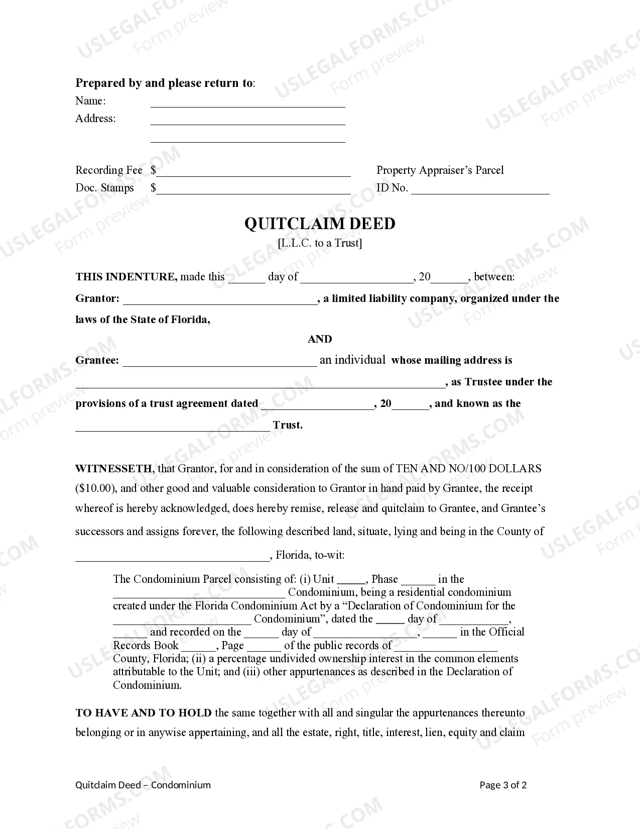 Preview Quitclaim Deed for a Condominium from a Limited Liability Company to a Trust