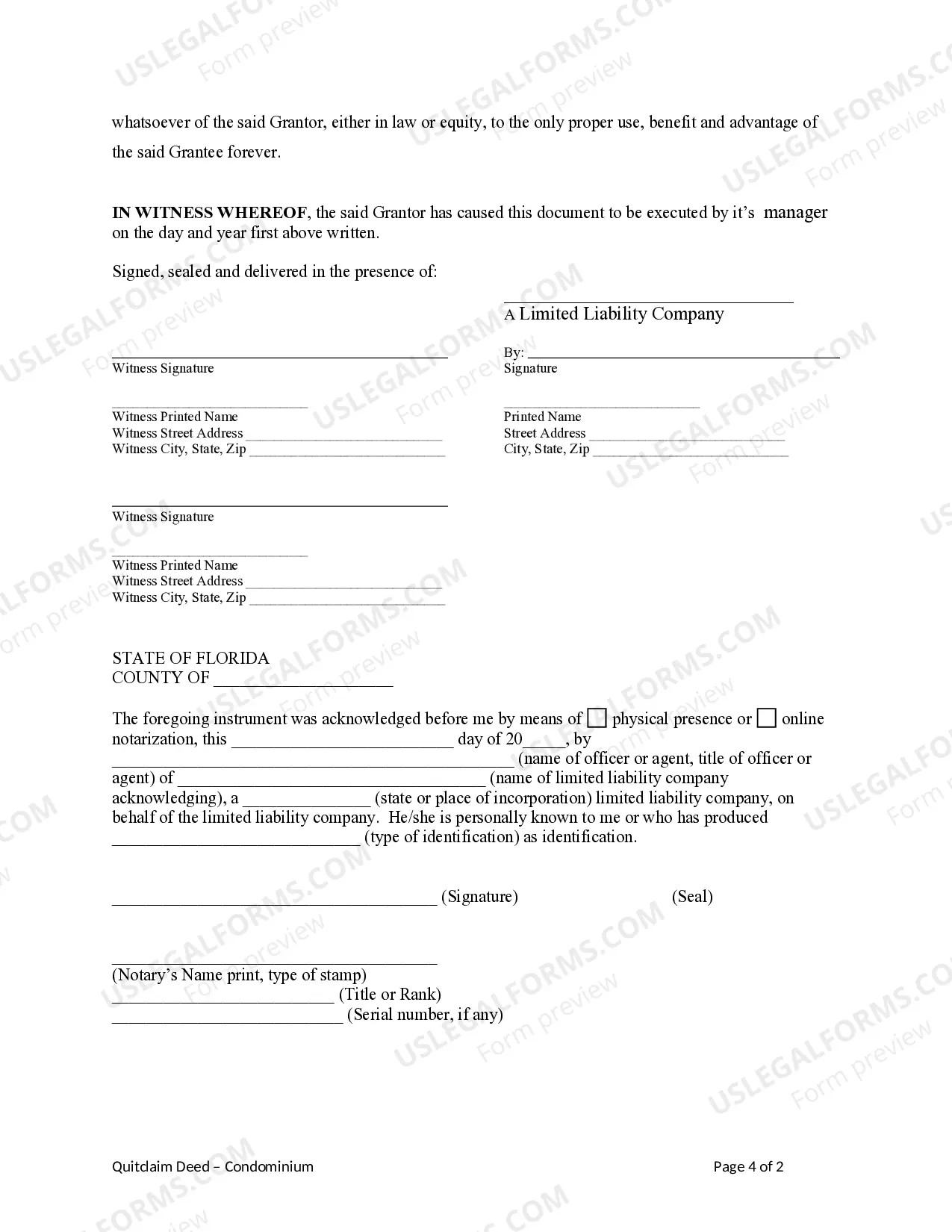 Preview Quitclaim Deed for a Condominium from a Limited Liability Company to a Trust