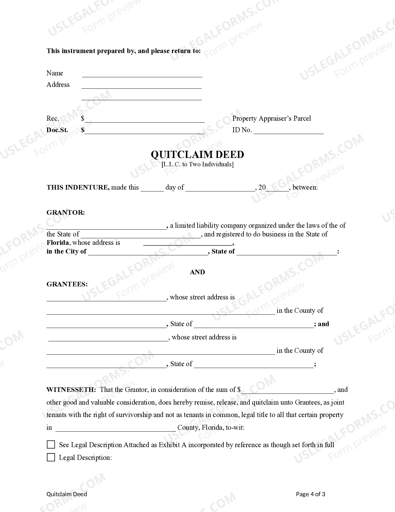 Preview Quitclaim Deed from a Limited Liability Company to two Individuals