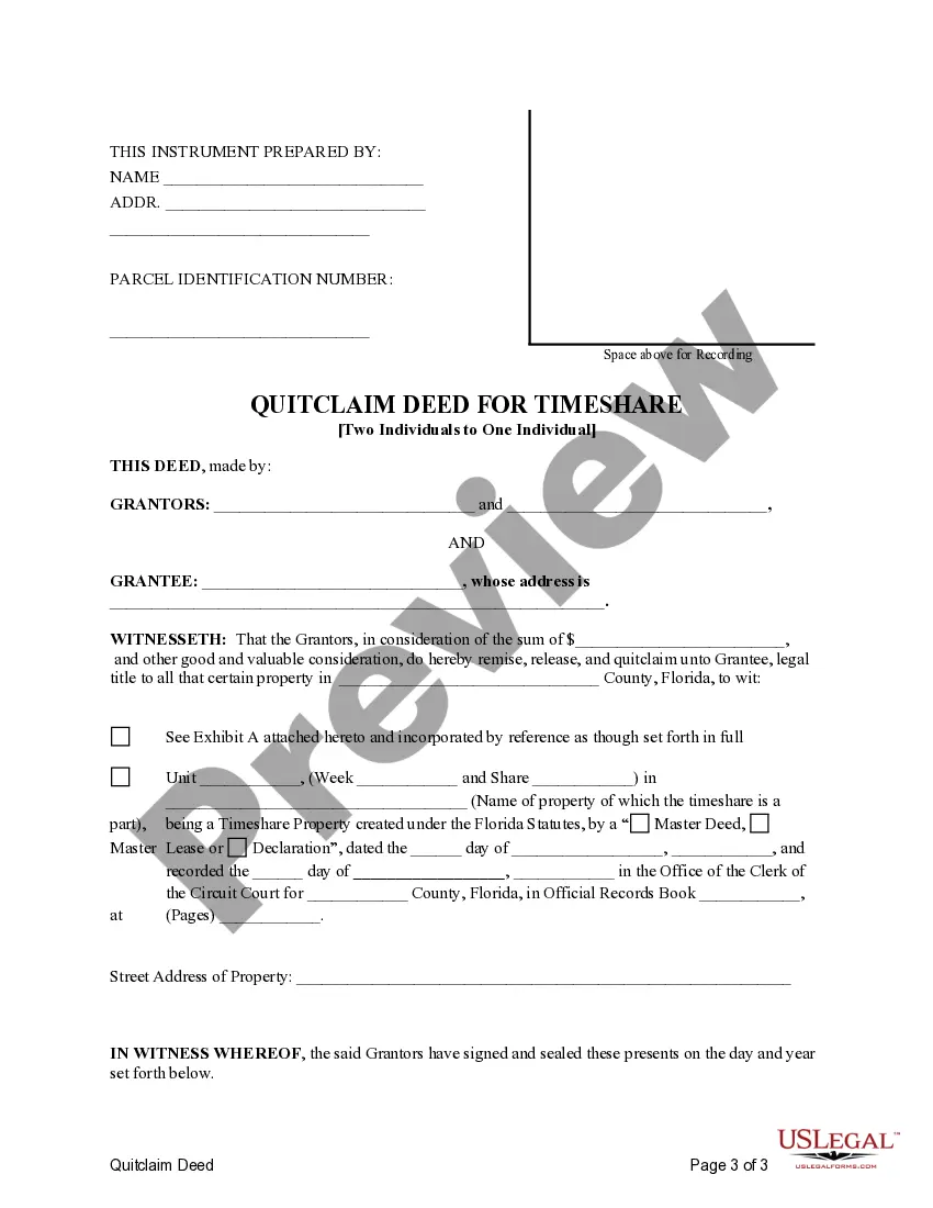 Preview Quitclaim Deed - Timeshare from Two Individuals to One Individual