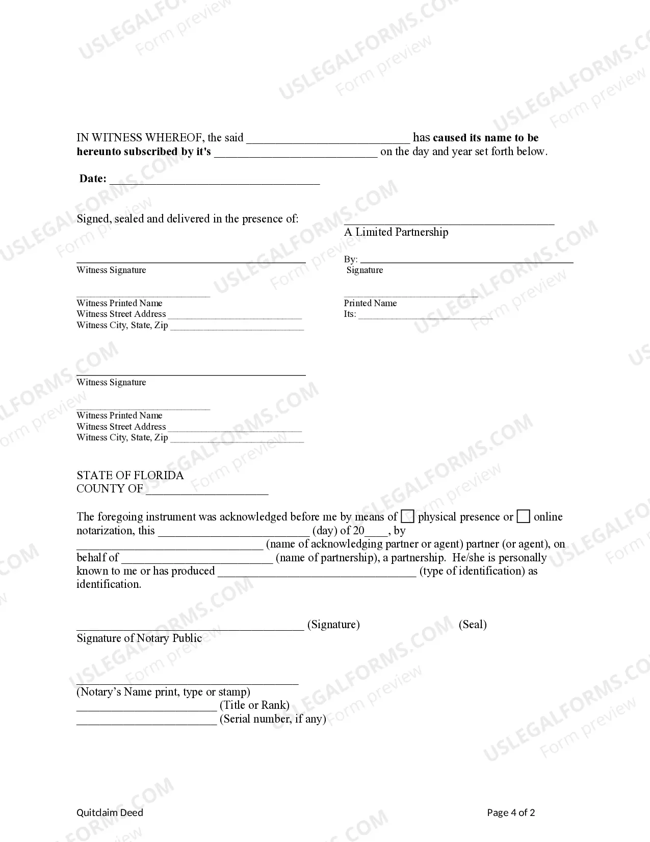 Preview Quitclaim Deed from Limited Partnership to Limited Liability Company