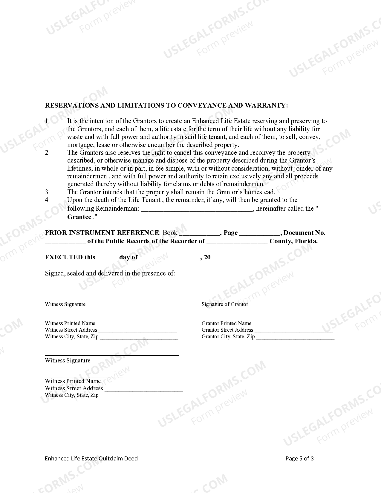 Florida Enhanced Life Estate or Lady Bird Deed - Quitclaim - Florida Lady Form | US Legal Forms