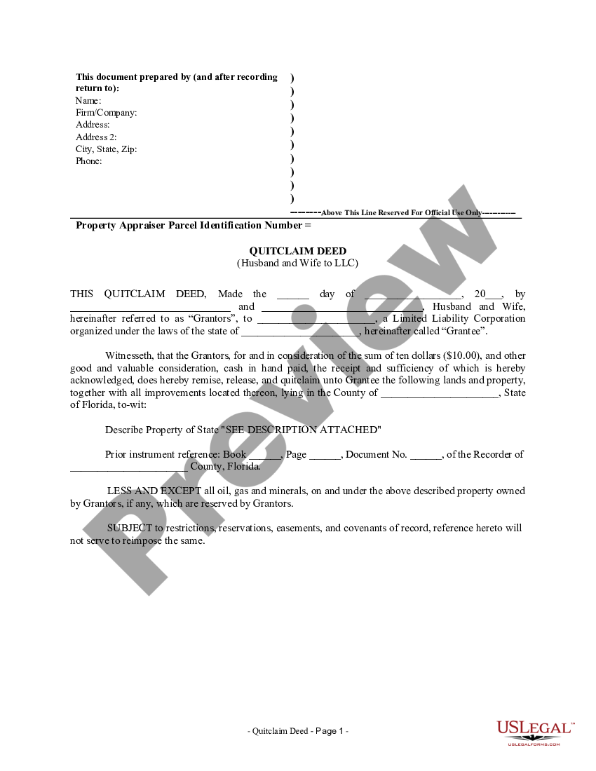 Miami Dade Florida Quitclaim Deed From Husband And Wife To Llc Limited Liability Company Us 6954