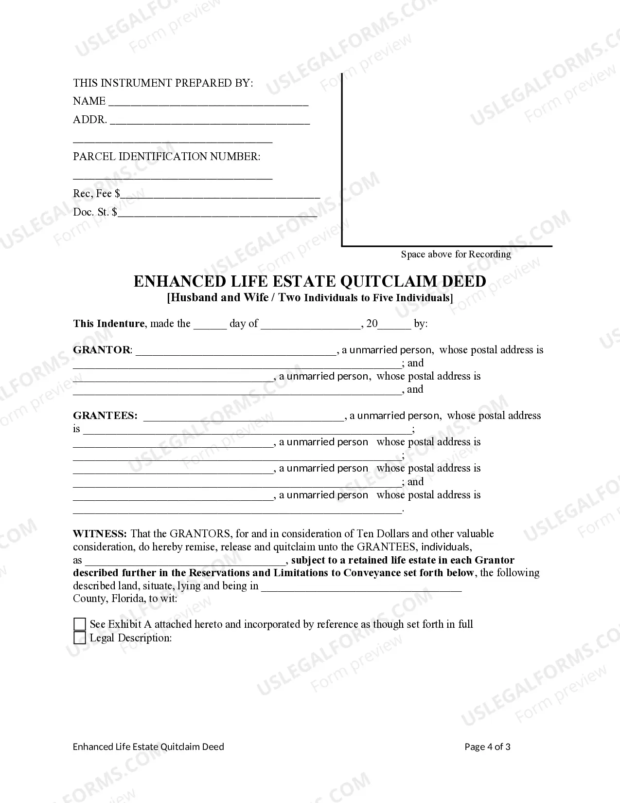Preview Enhanced Life Estate or Lady Bird Deed - Quitclaim - Two Individuals / Husband and Wife to Four Individuals