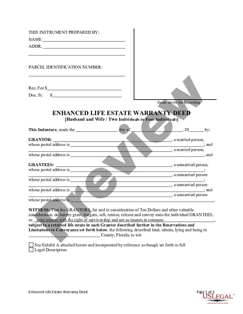 Florida Enhanced Life Estate Or Lady Bird Deed Warranty Life Estate Deed Us Legal Forms