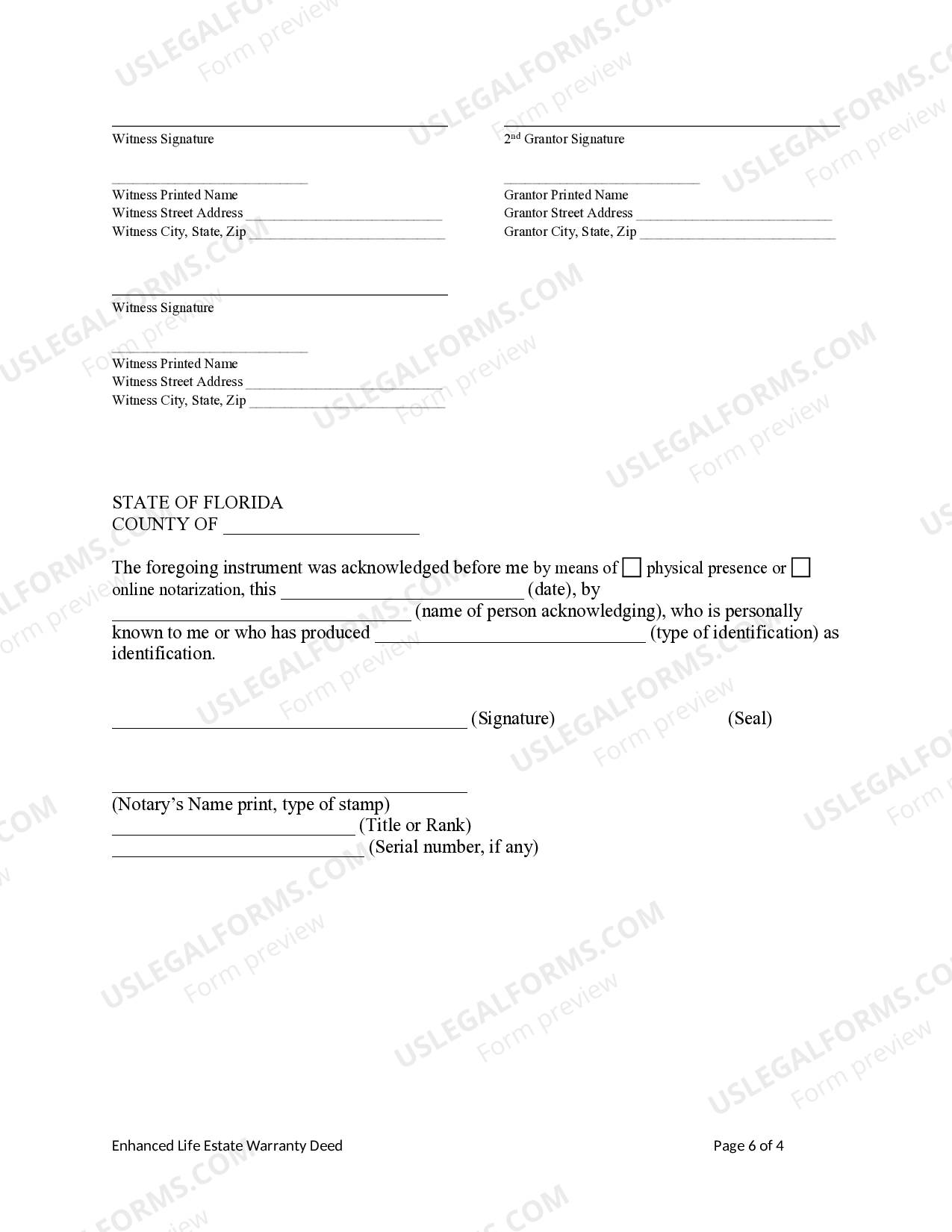 Florida Enhanced Life Estate or Lady Bird Deed Warranty Life Estate