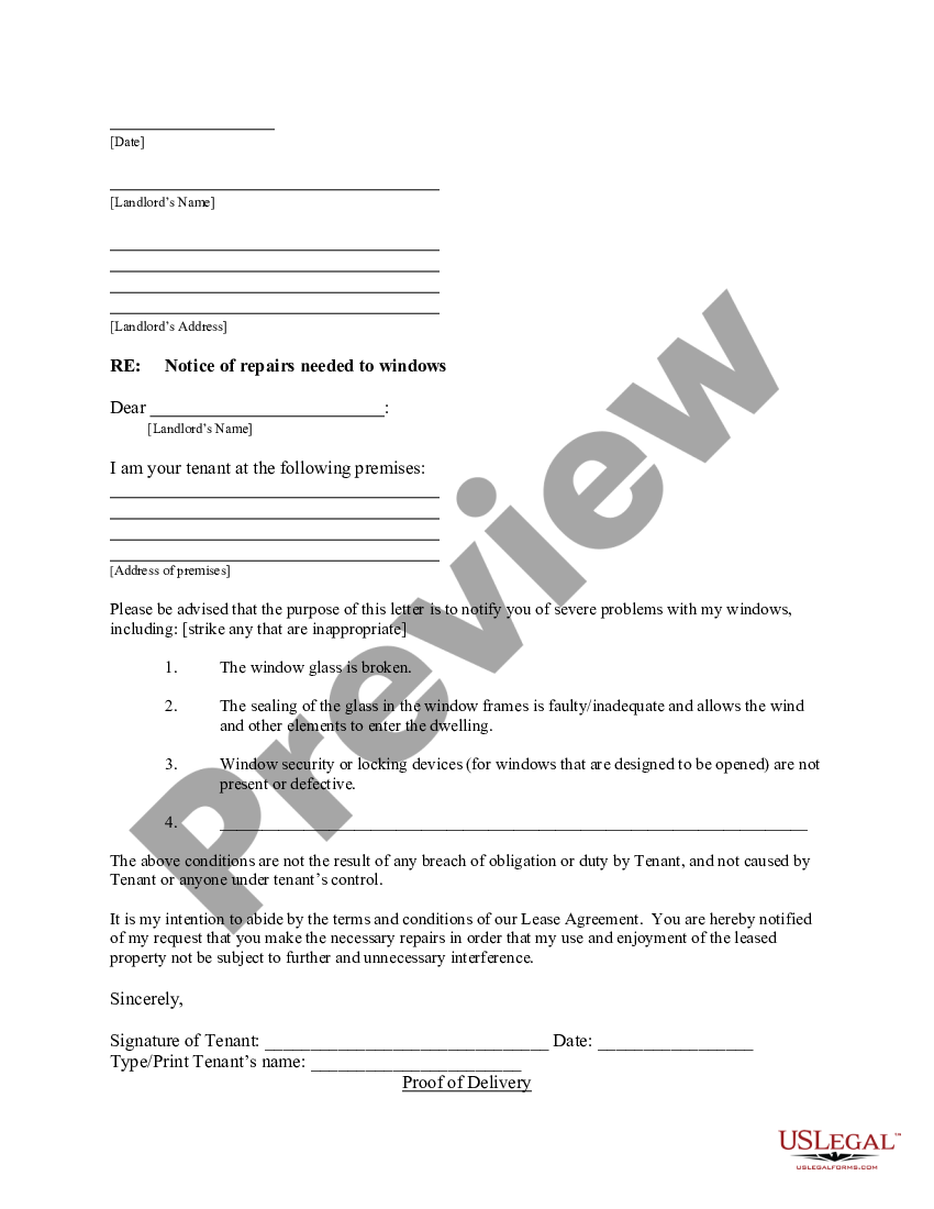 Florida Letter From Tenant To Landlord With Demand That Landlord Repair Broken Windows Letter