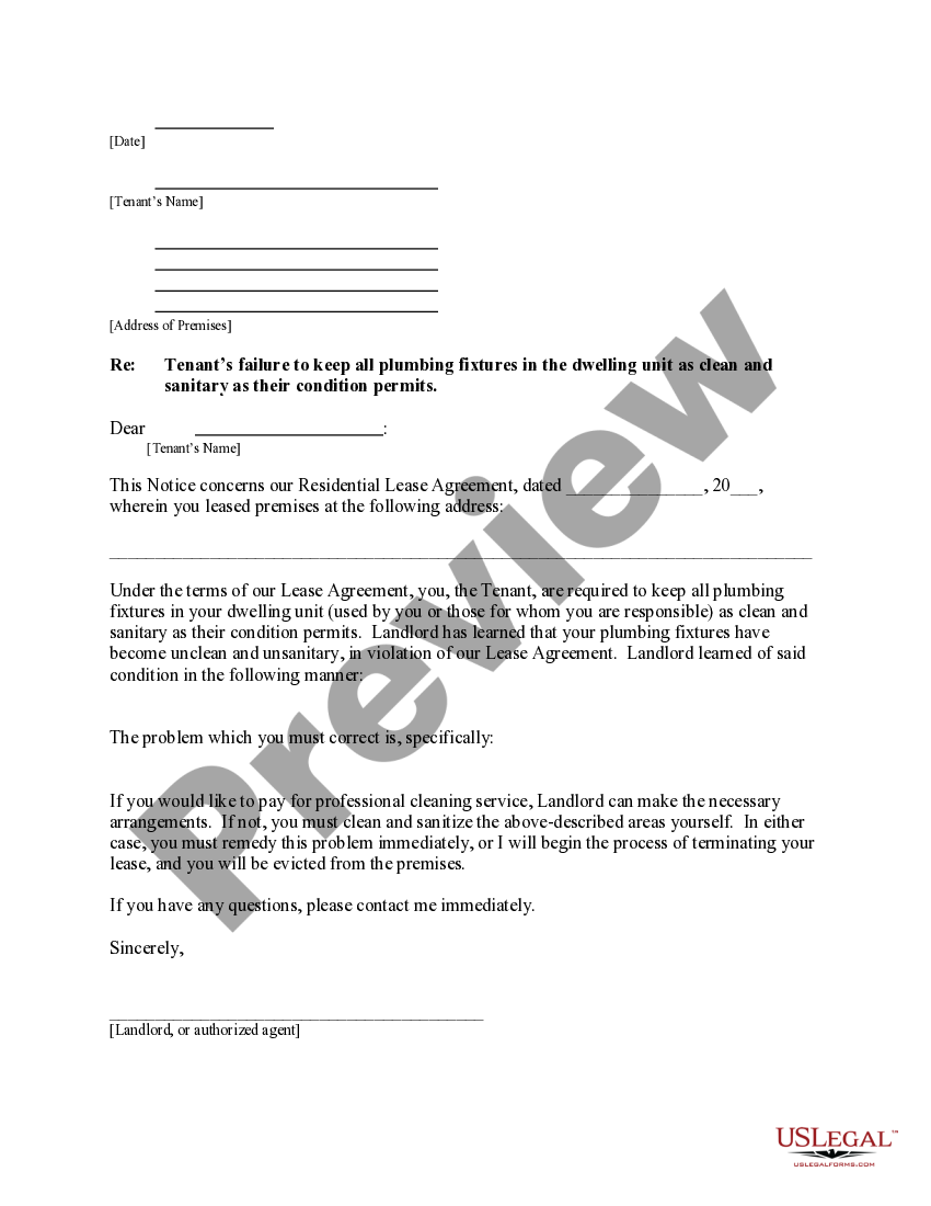 Florida Letter from Landlord to Tenant for Failure to keep all plumbing