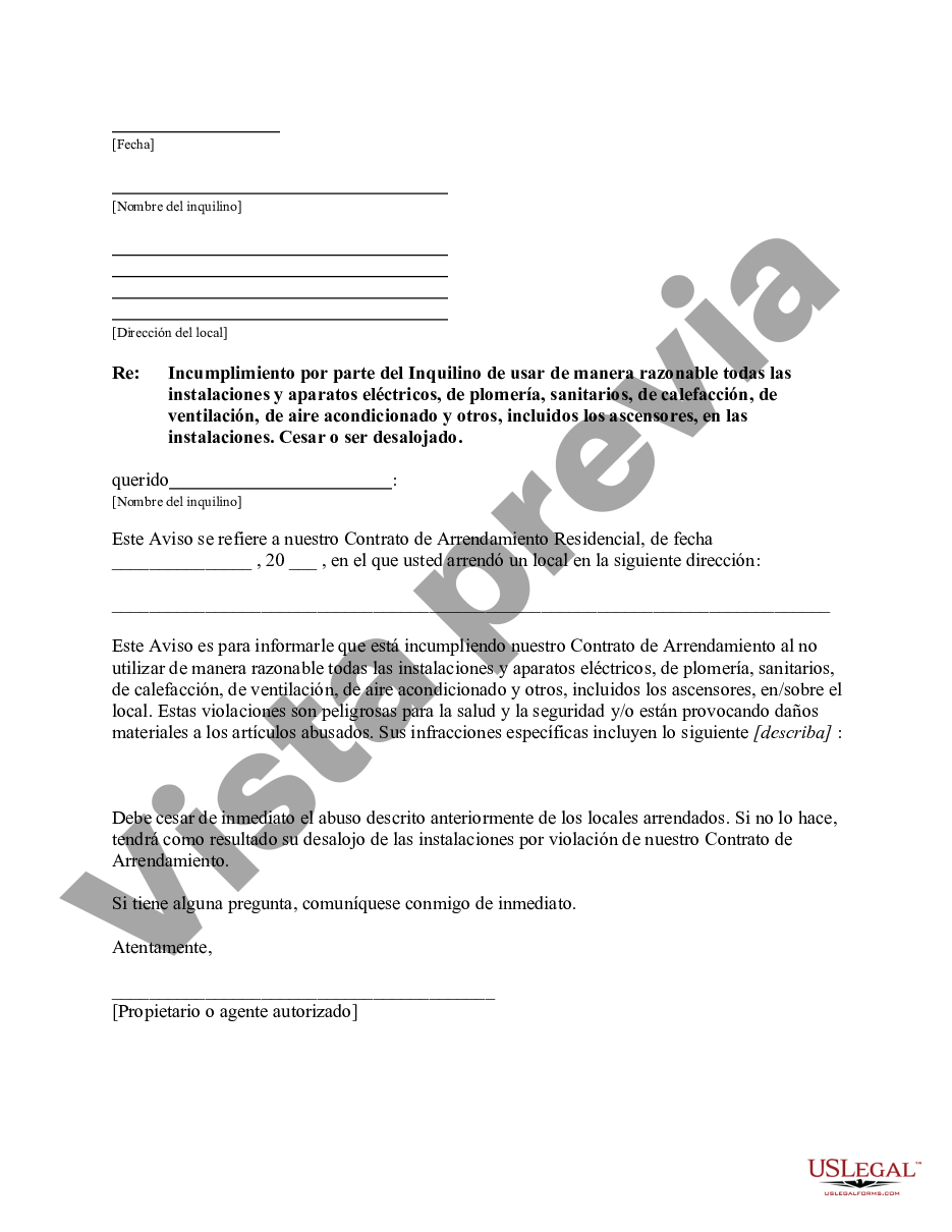 Pembroke Pines Florida Carta del propietario al inquilino por no usar ...