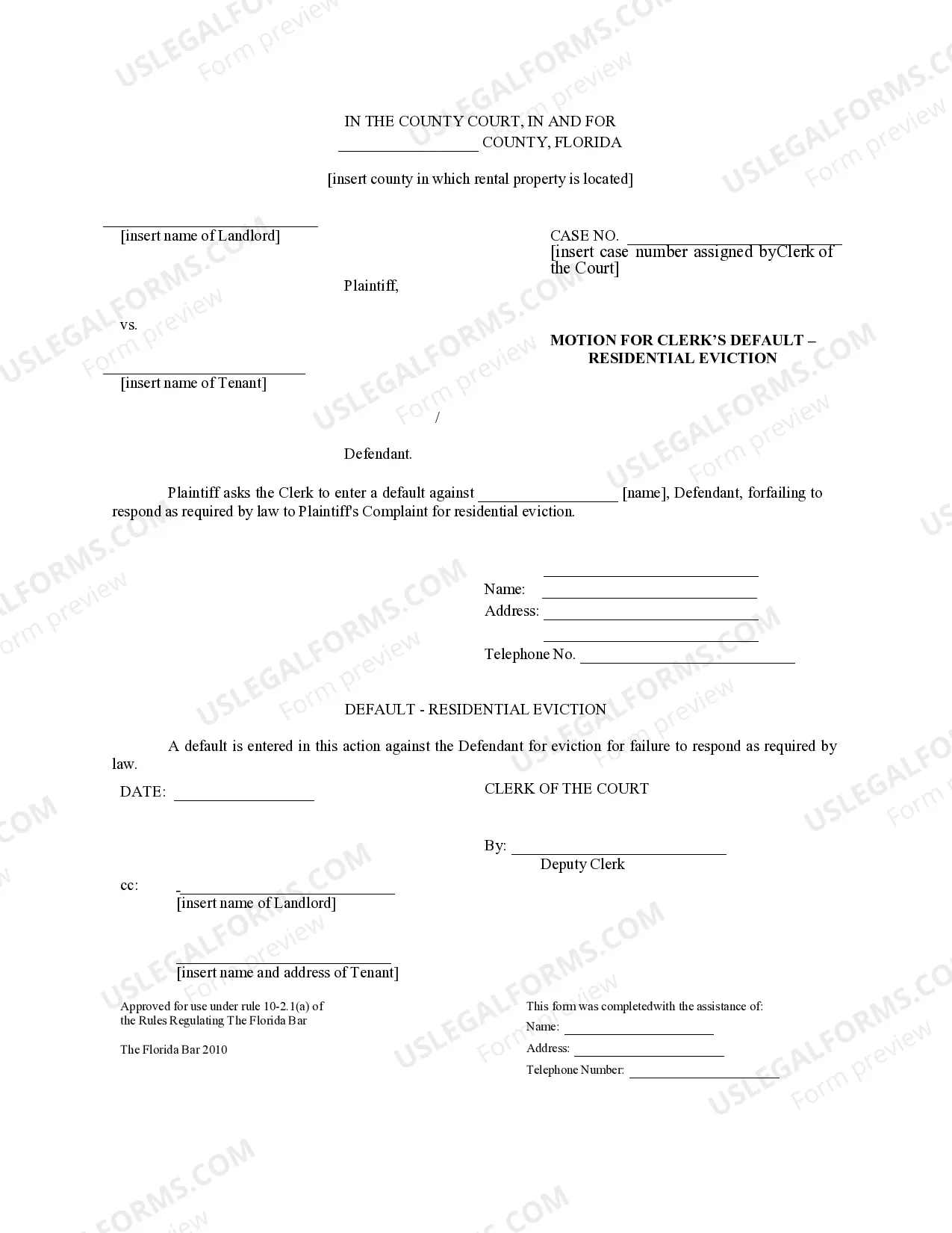 Preview Motion For Clerk's Default - Residential Eviction
