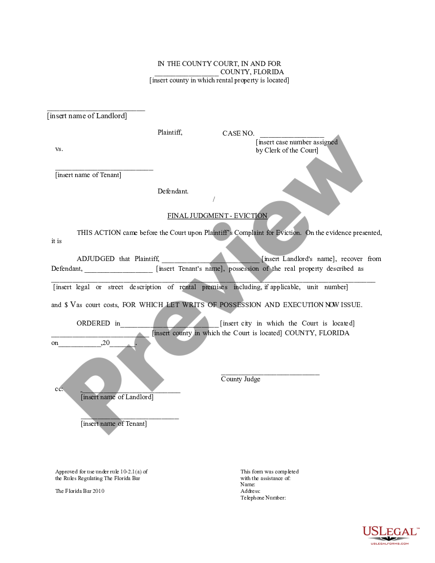 Florida Final Judgment - Eviction | US Legal Forms