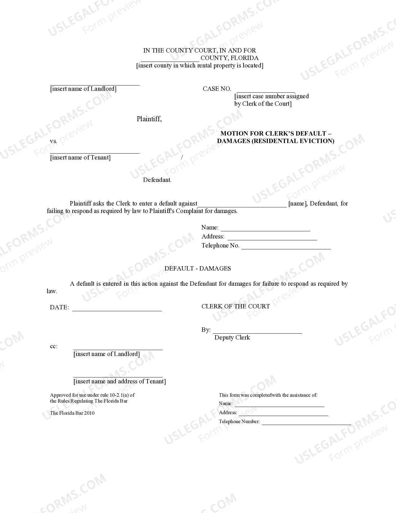 Preview Motion For Clerk's Default - Damages - Residential Eviction
