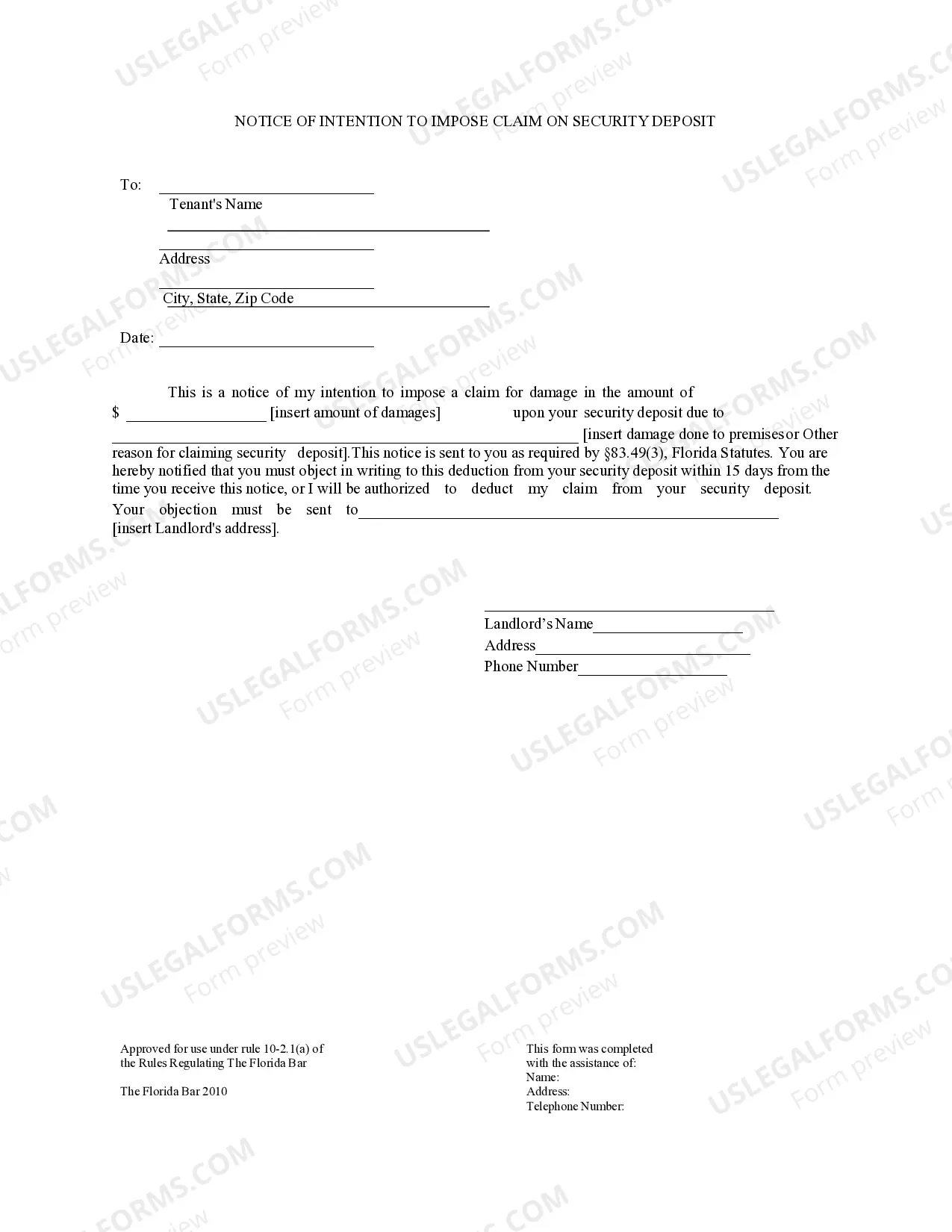 Preview Notice of Intention to Impose Claim on Security Deposit