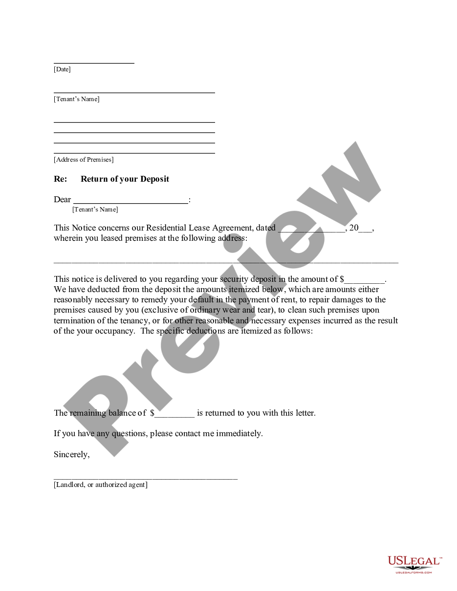 Tampa Florida Letter From Landlord To Tenant Returning Security Deposit Less Deductions Tenant