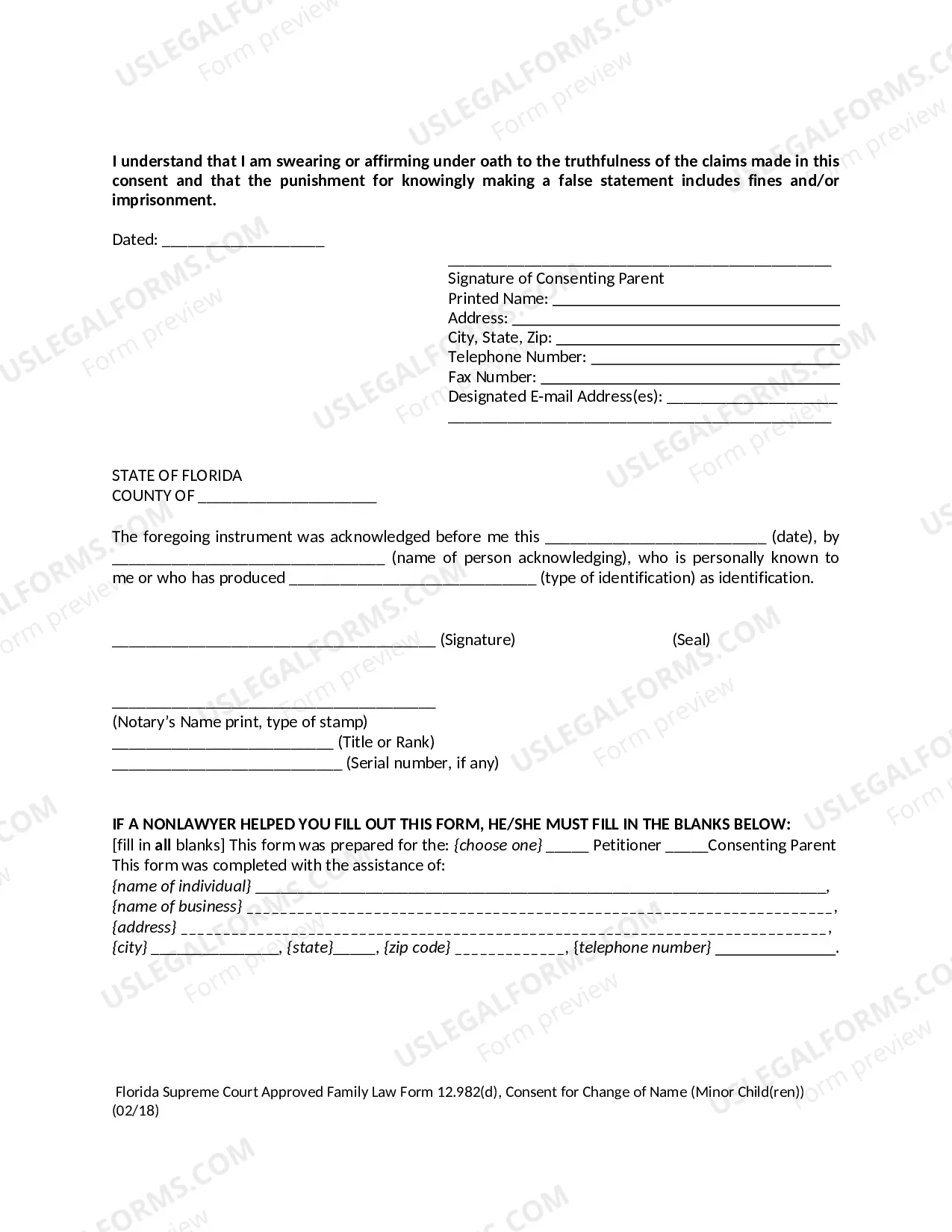 Preview Consent for Change of Name for Minor