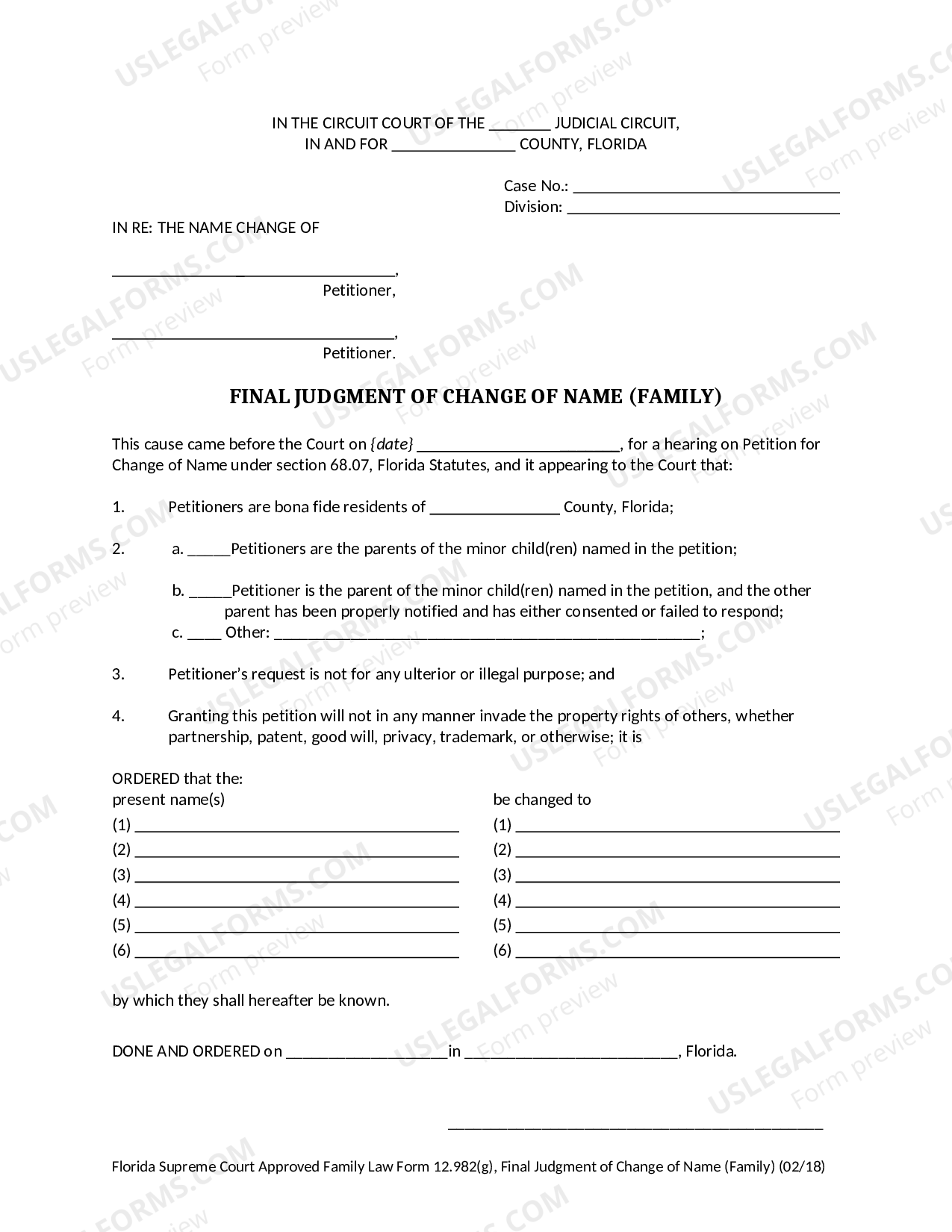Florida Final Judgment of Change of Name for Family | US Legal Forms