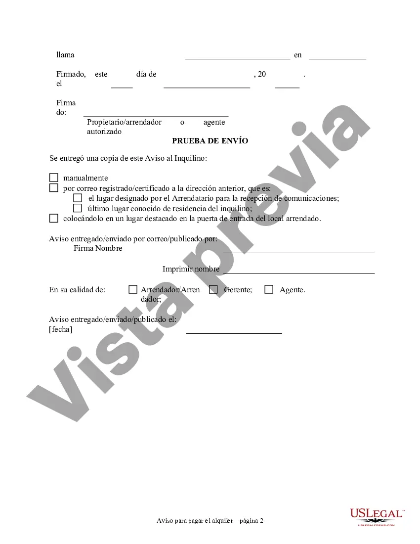 Preview Aviso de 3 días para pagar el alquiler o la rescisión del contrato de arrendamiento de una propiedad residencial