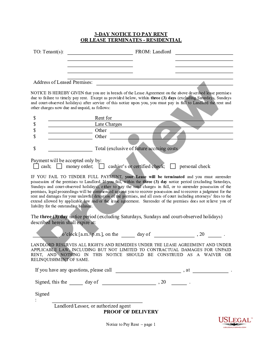 Florida 3 Day Notice To Pay Rent Or Lease Terminated For Residential Property 30 Day Notice 9922