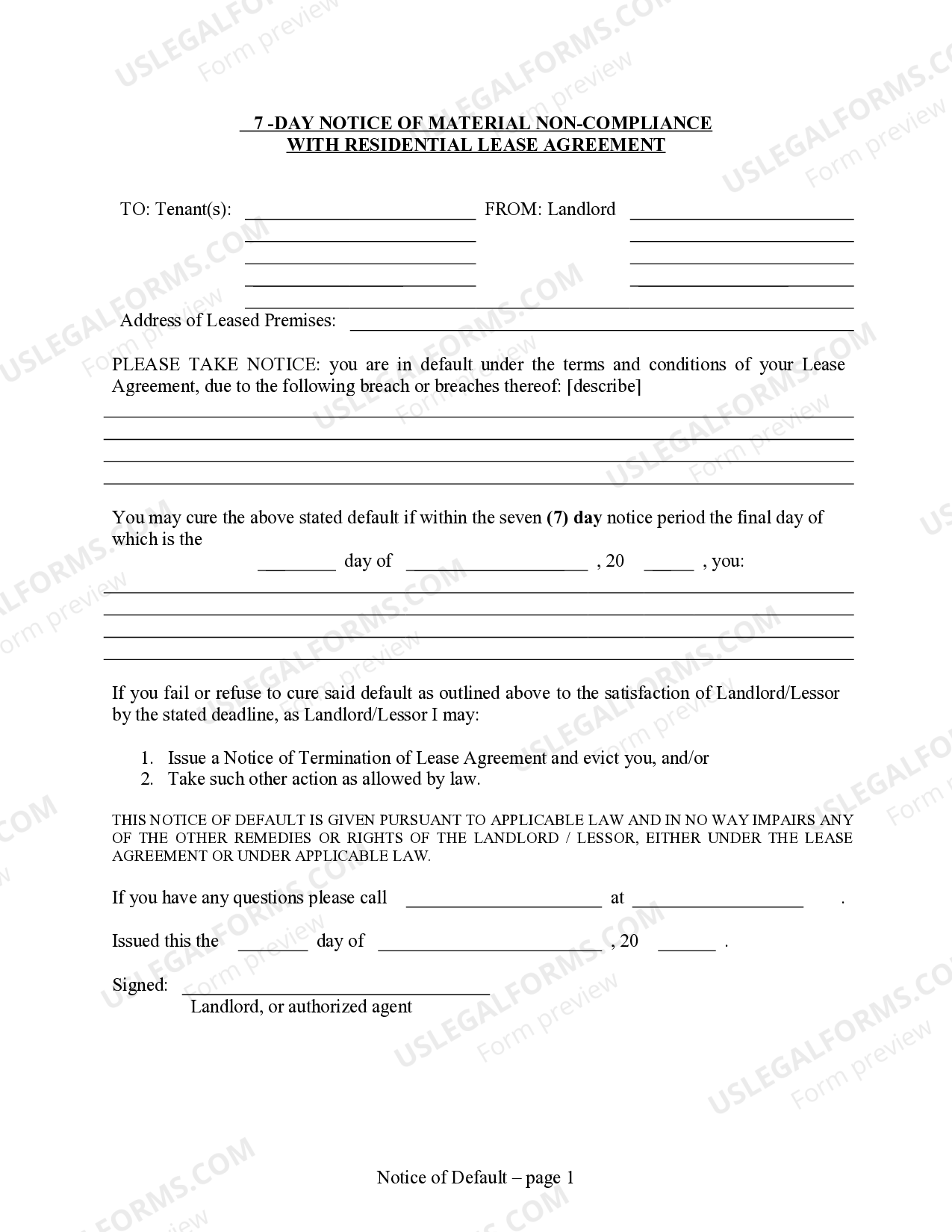 Florida 7 day Notice of Material with Lease or Rental