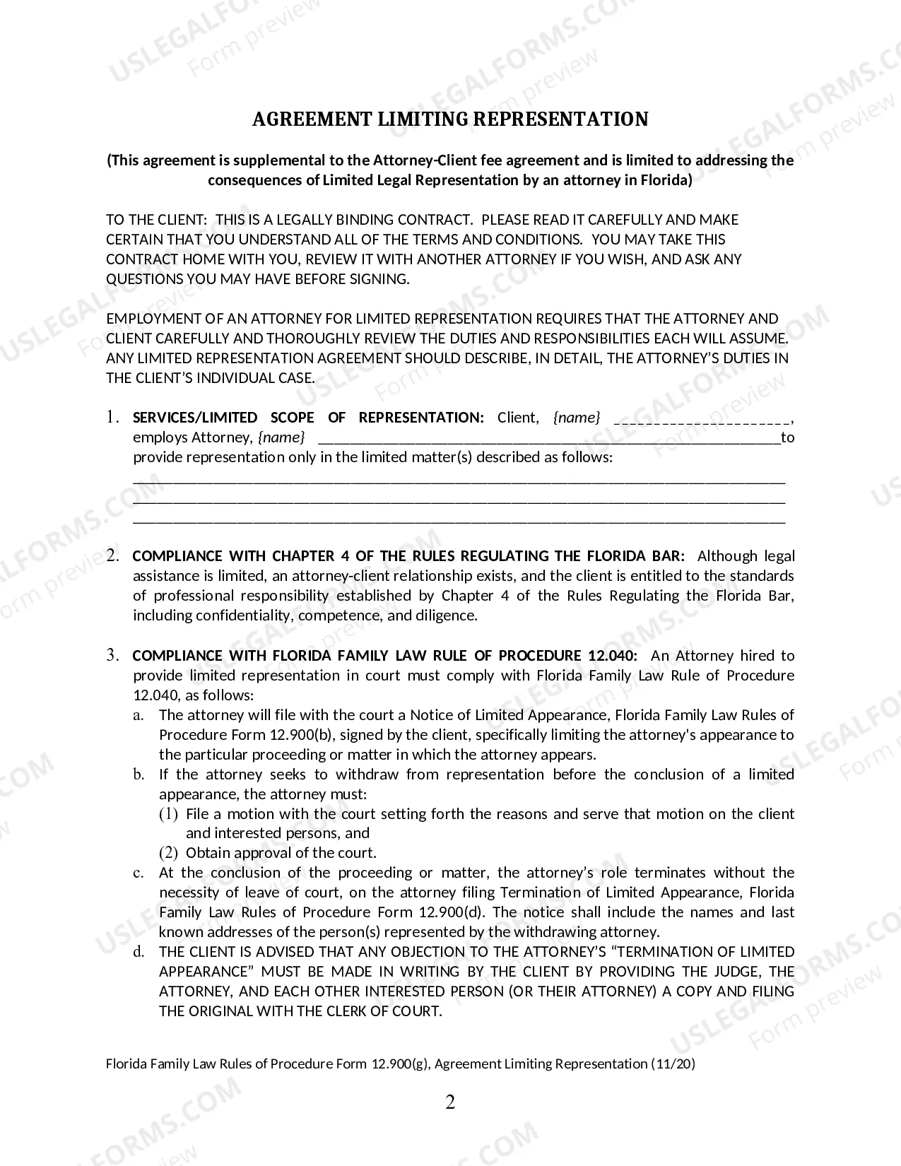 Preview Agreement Limiting Representation
