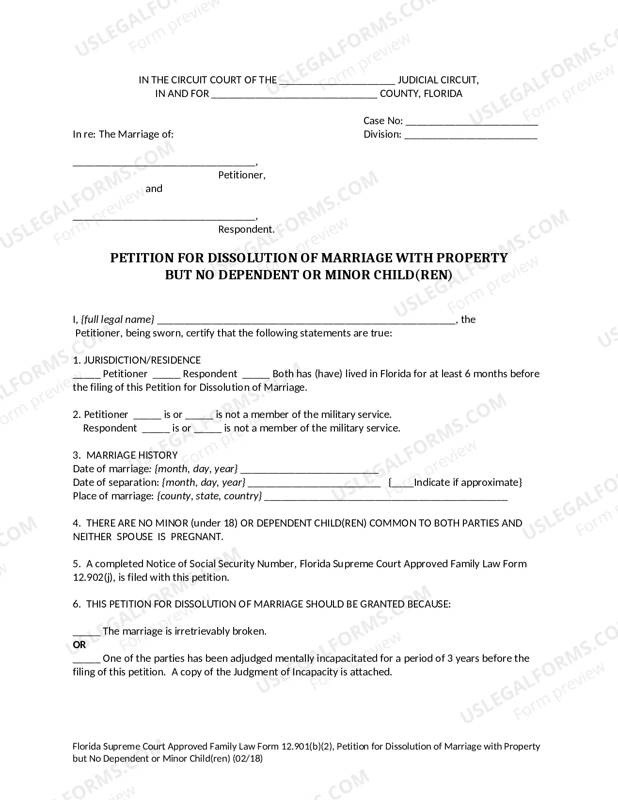Preview Petition for Dissolution of Marriage with Property but No Dependent or Minor Children