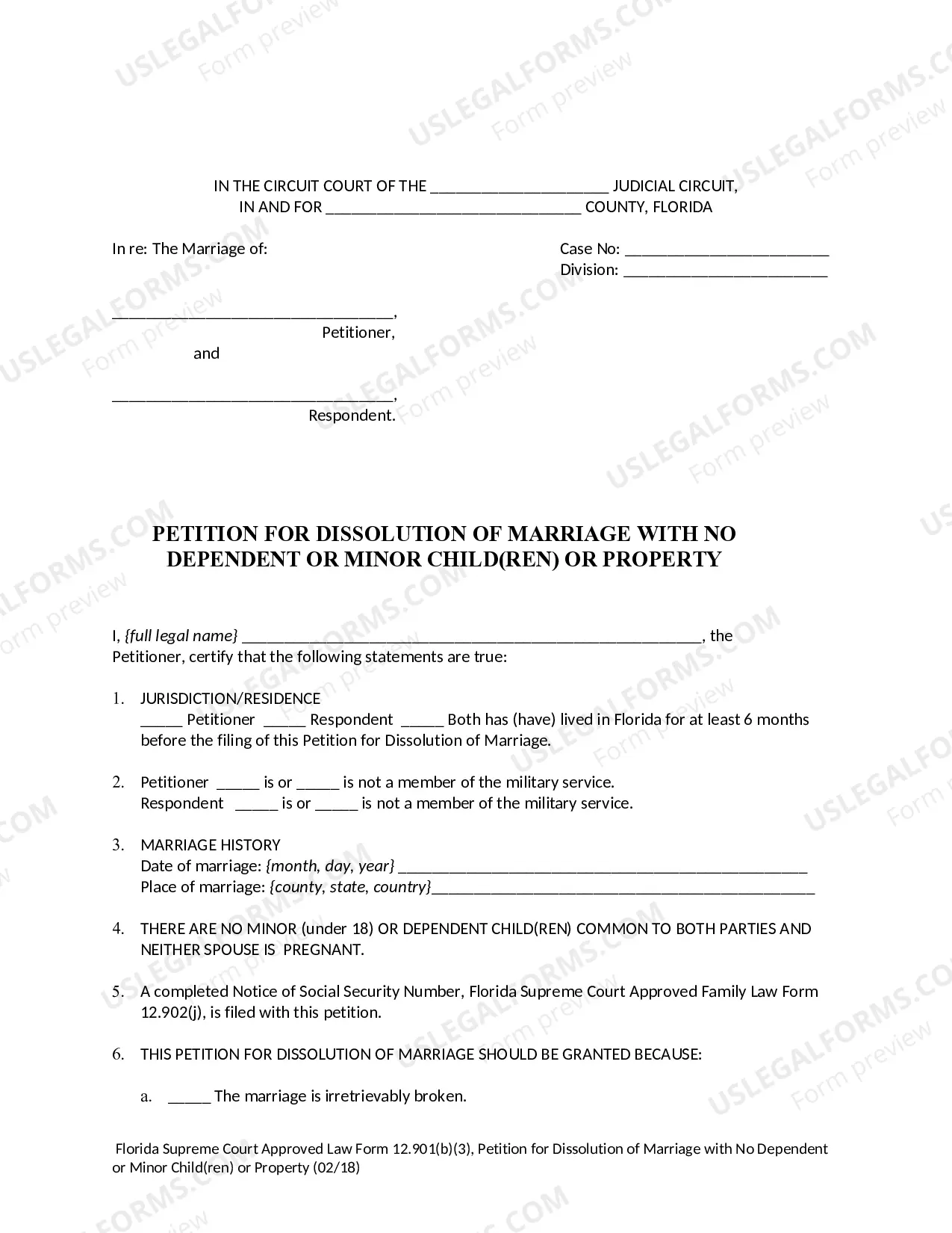 Preview Petition for Dissolution of Marriage with No Dependent or Minor Children or Property