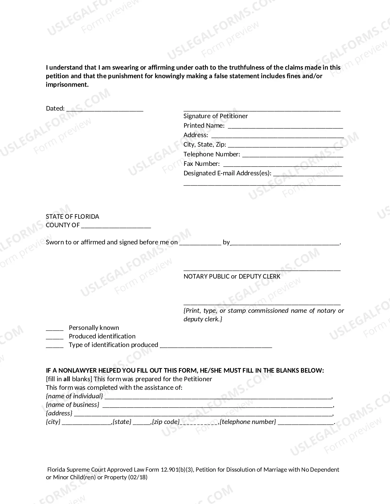 Preview Petition for Dissolution of Marriage with No Dependent or Minor Children or Property