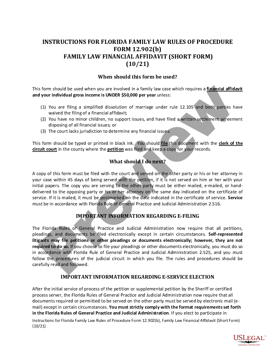 form Family Law Financial Affidavit - Short Form preview