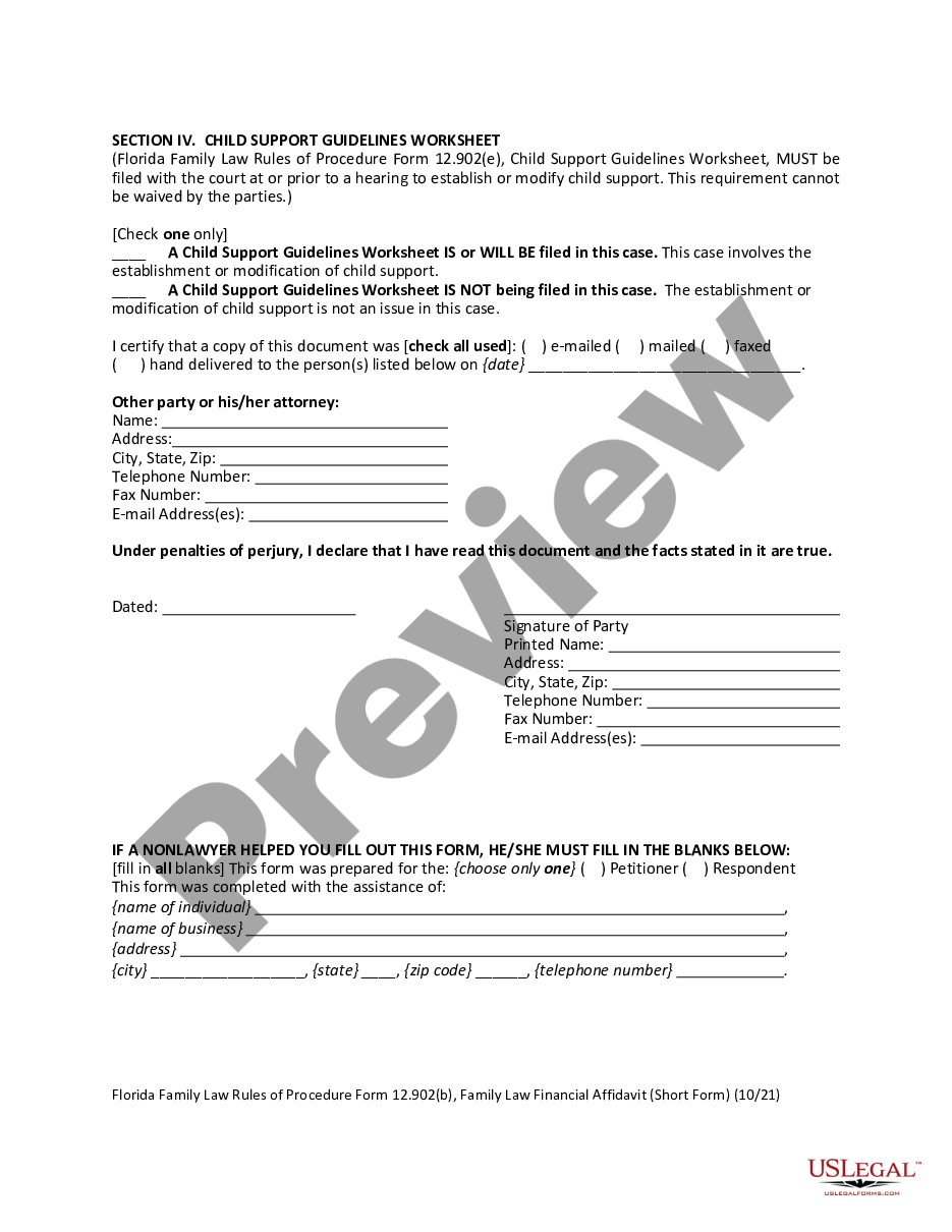 form Family Law Financial Affidavit - Short Form preview