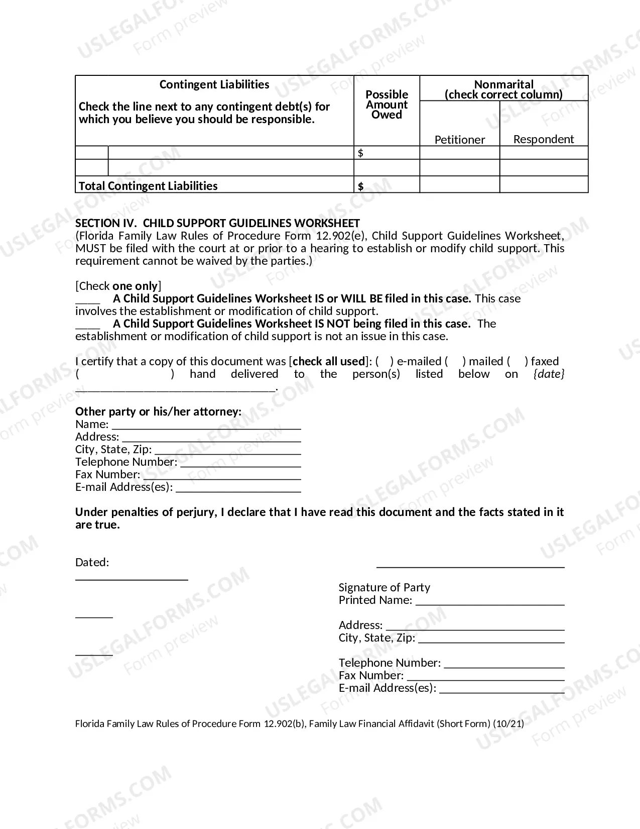 Preview Family Law Financial Affidavit - Short Form