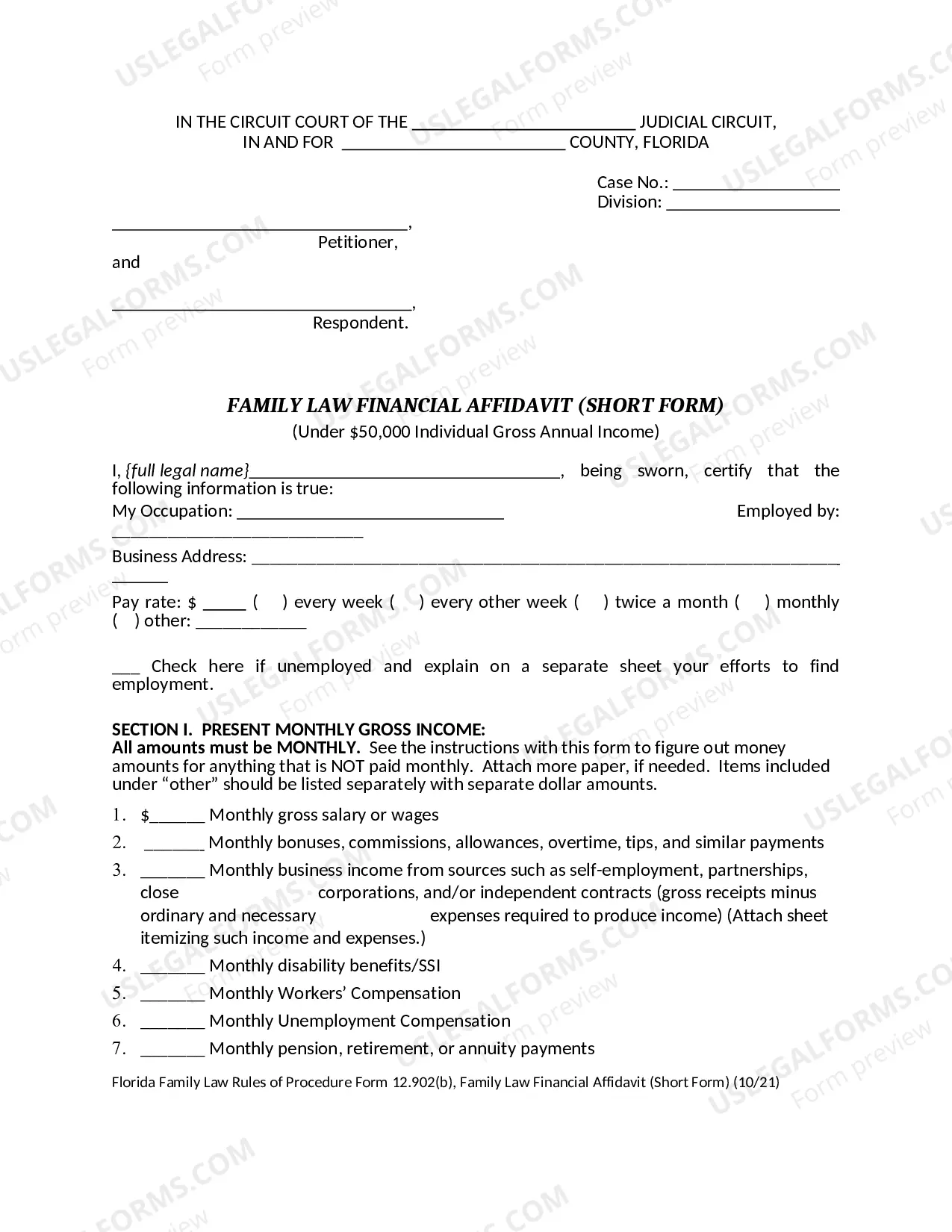 Preview Family Law Financial Affidavit - Short Form