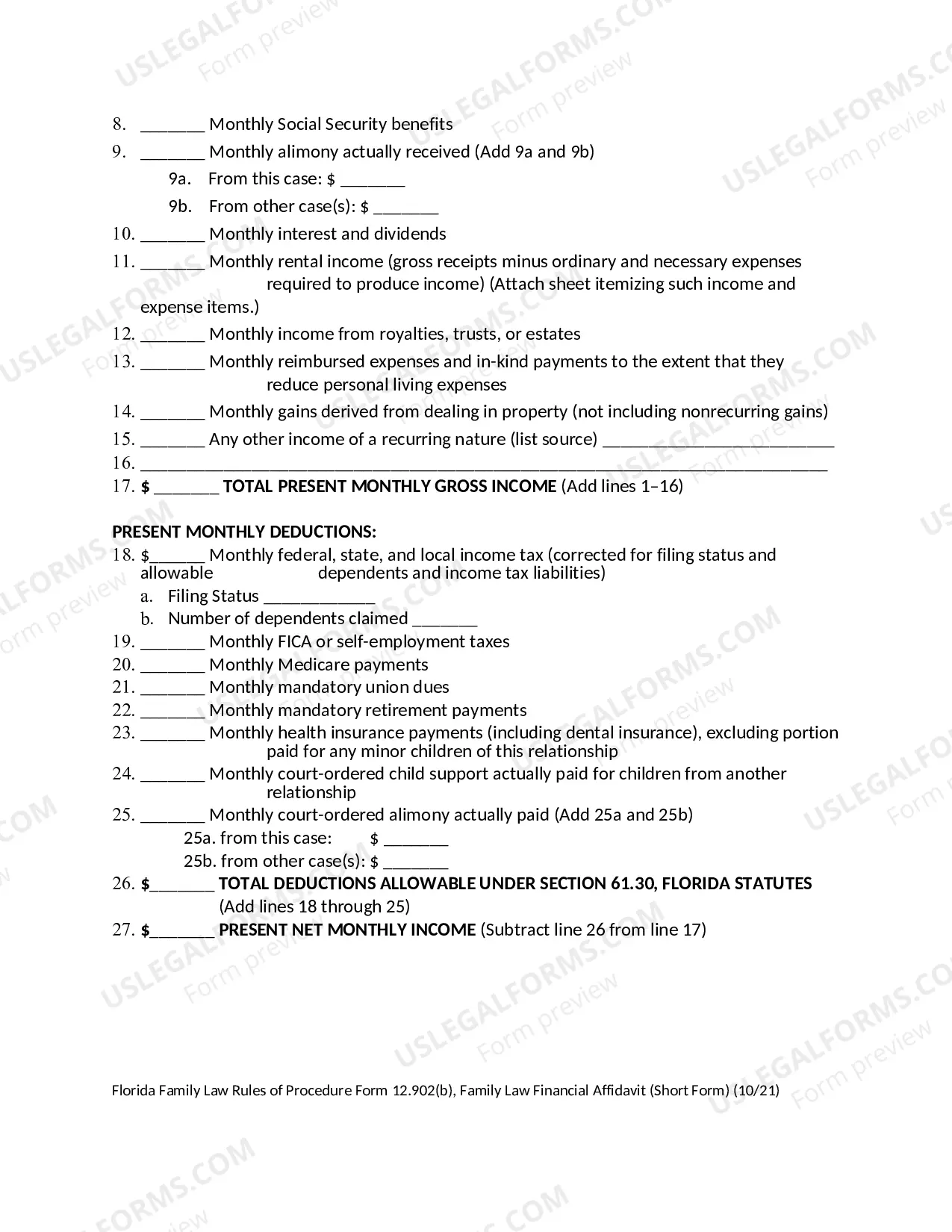 Preview Family Law Financial Affidavit - Short Form
