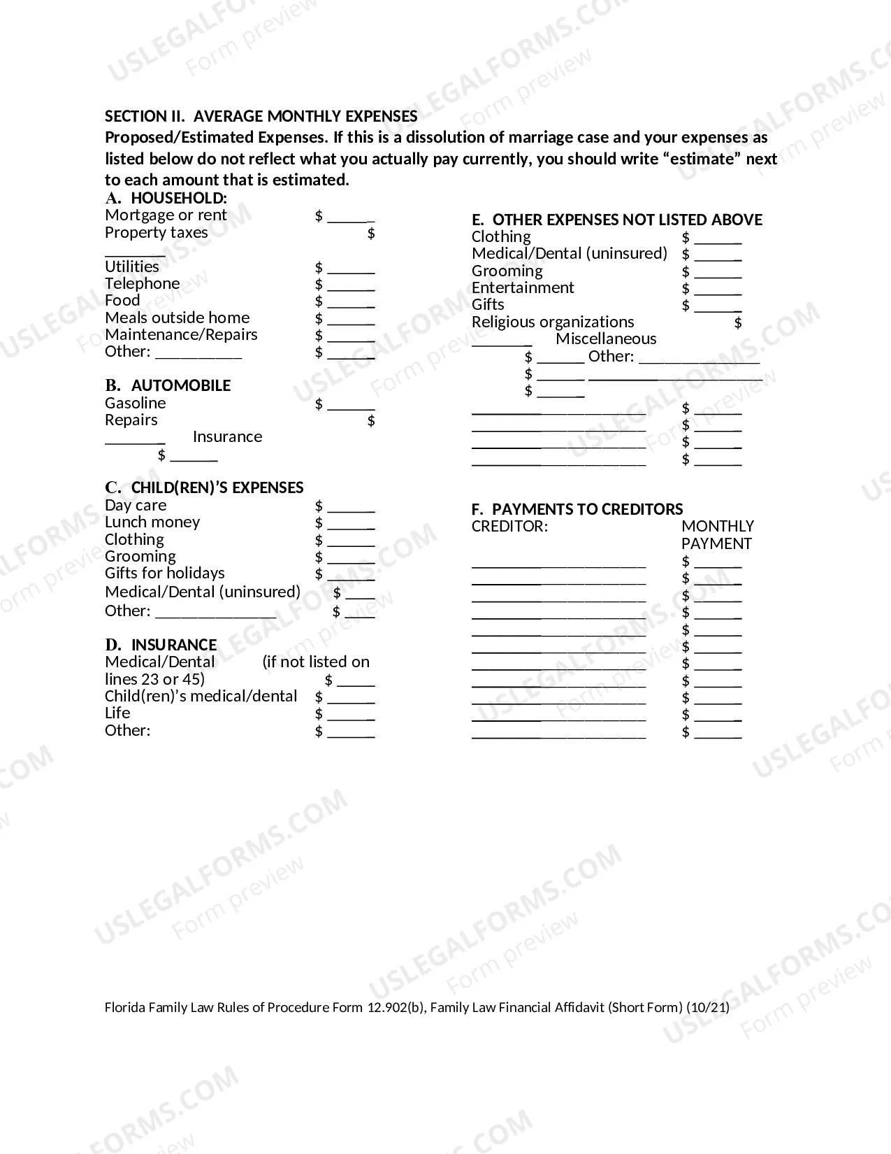 Preview Family Law Financial Affidavit - Short Form