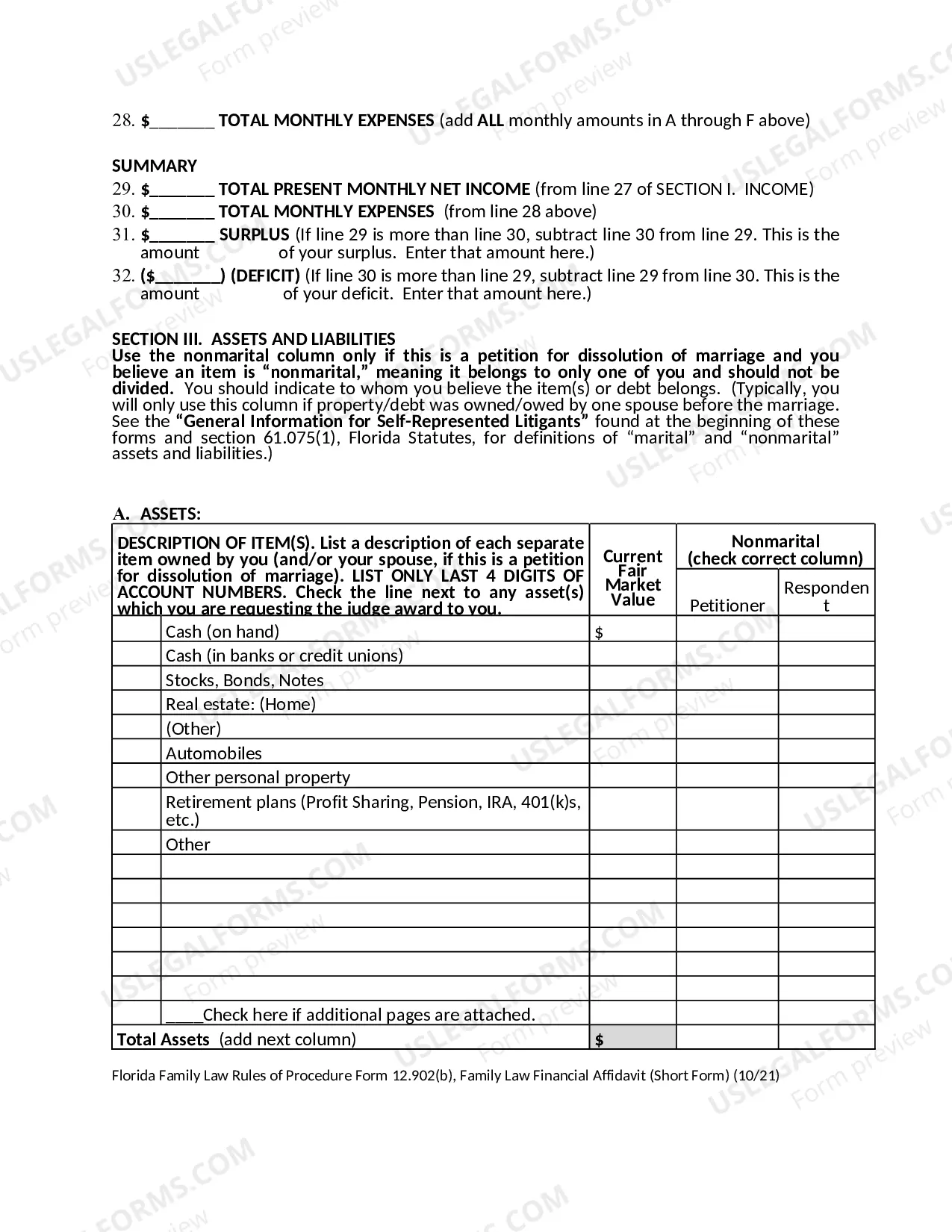 Preview Family Law Financial Affidavit - Short Form
