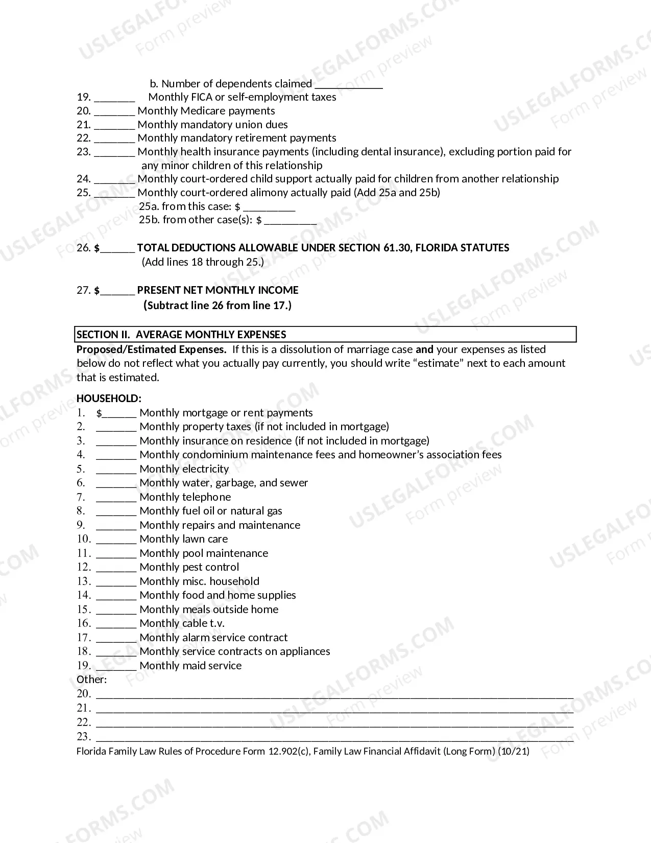 Preview Family Law Financial Affidavit