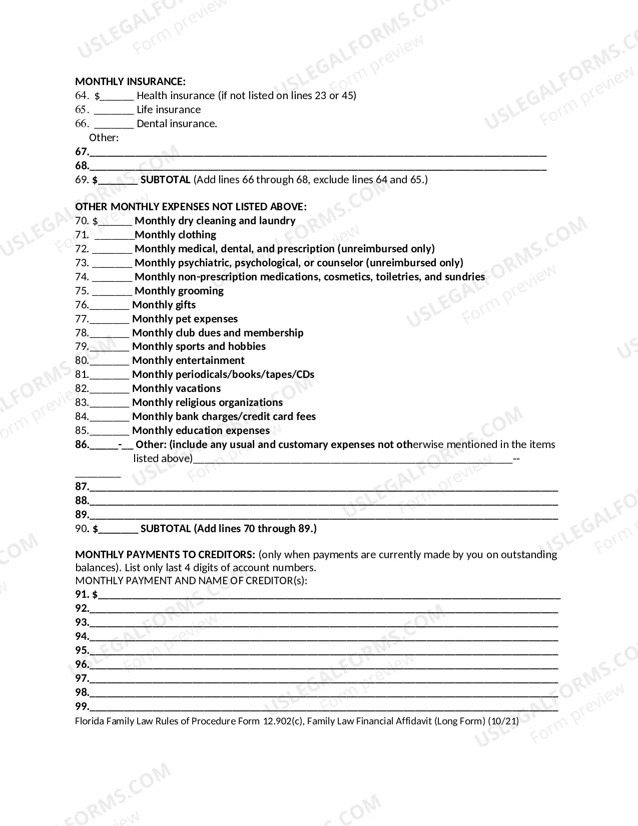 Preview Family Law Financial Affidavit