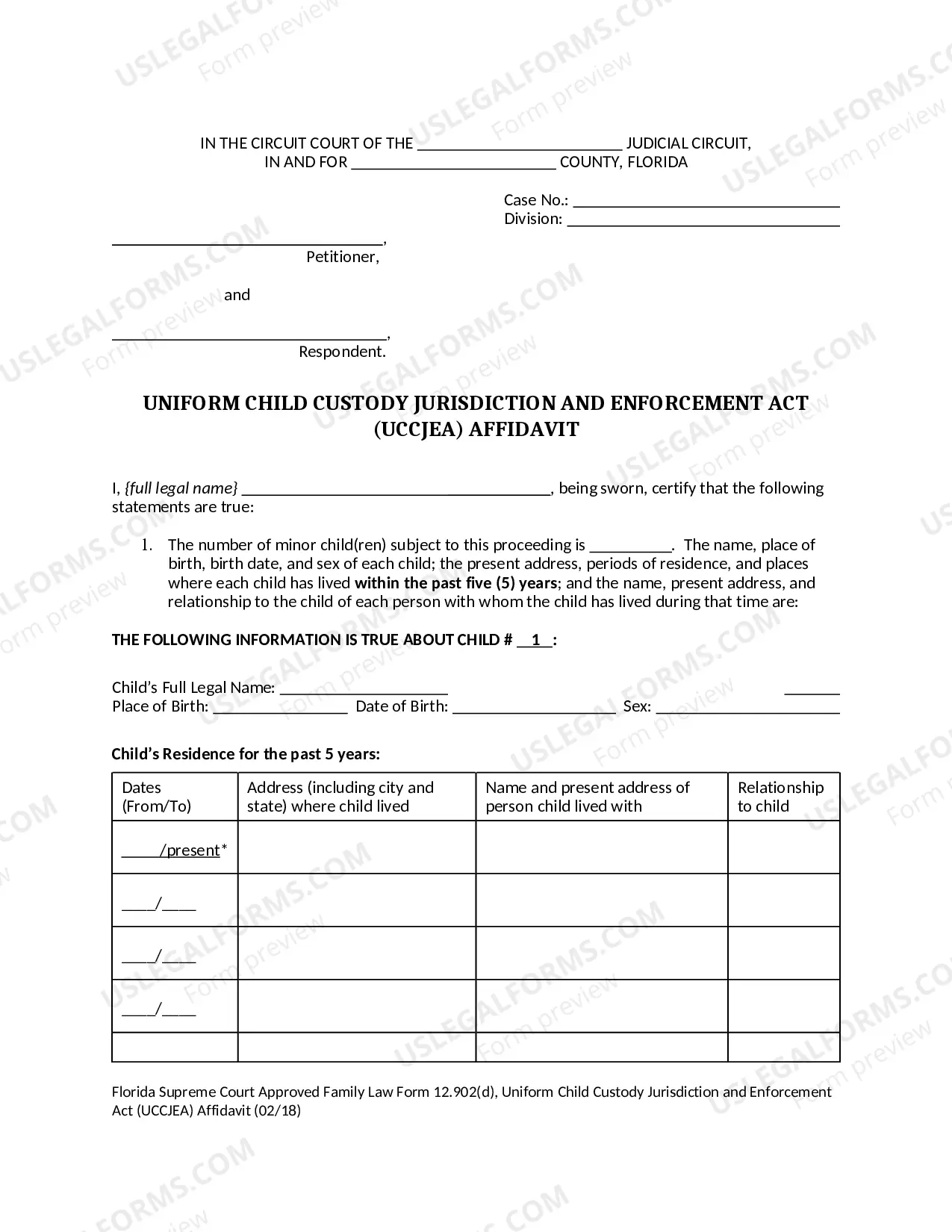 Preview Uniform Child Custody Jurisdiction and Enforcement - UCCJEA - Affidavit
