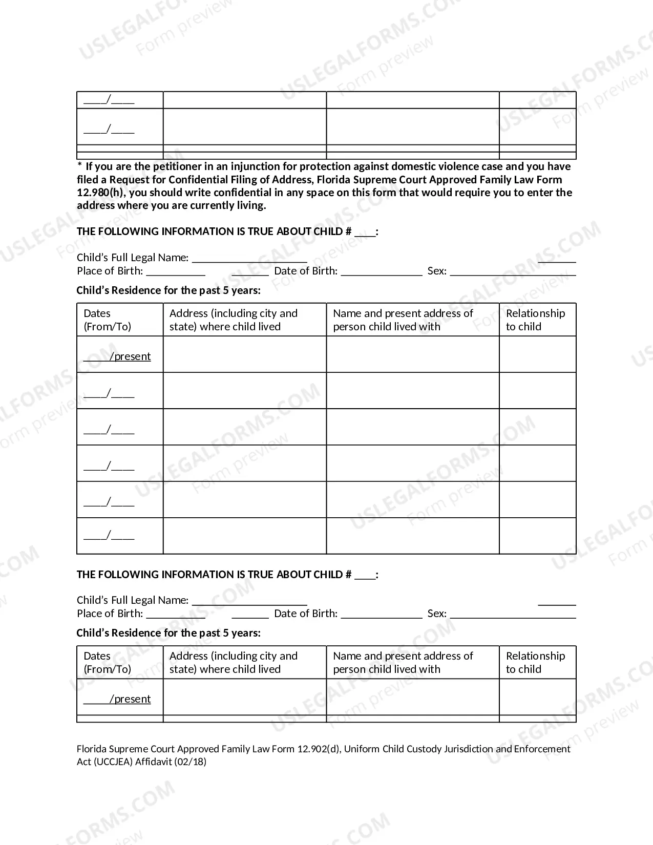 Preview Uniform Child Custody Jurisdiction and Enforcement - UCCJEA - Affidavit