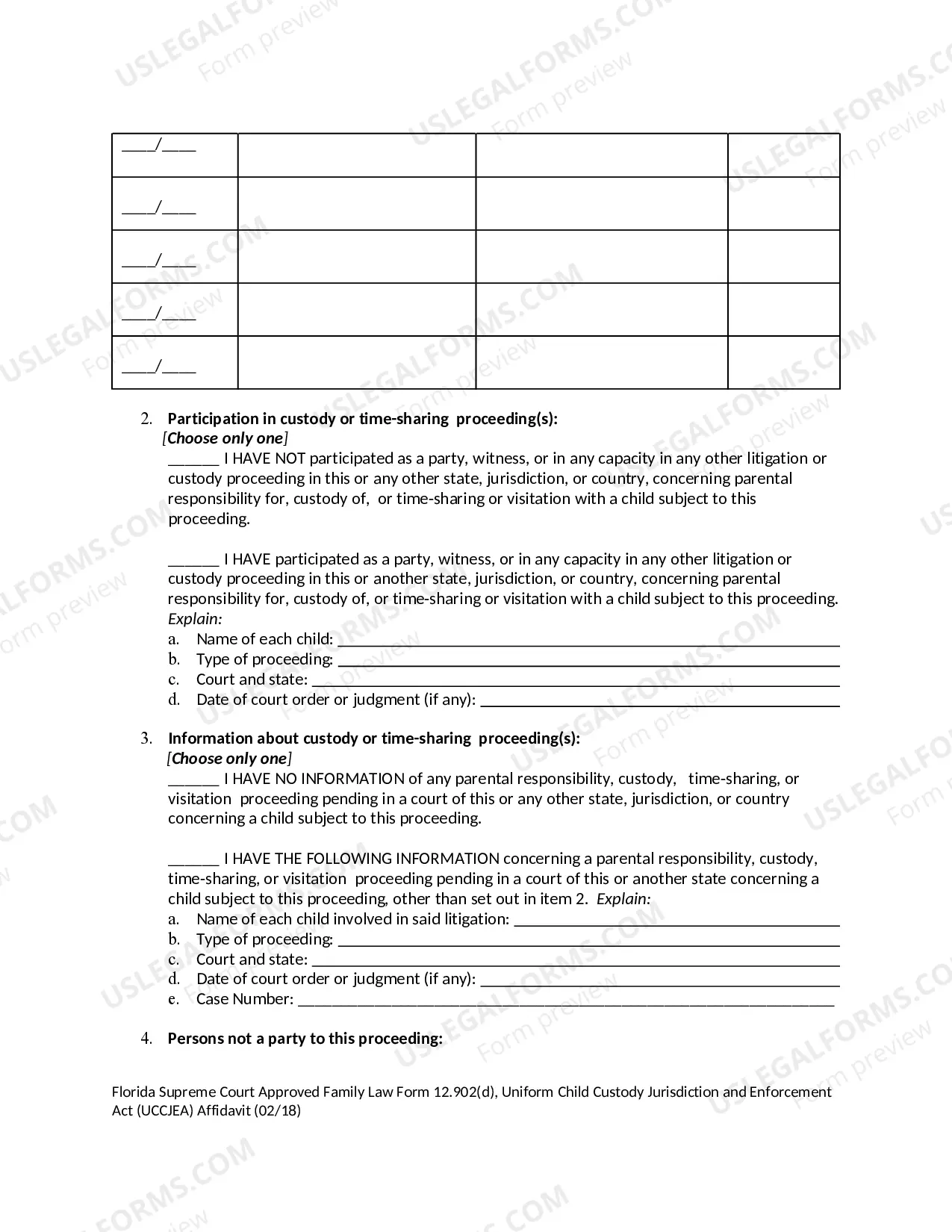 Preview Uniform Child Custody Jurisdiction and Enforcement - UCCJEA - Affidavit