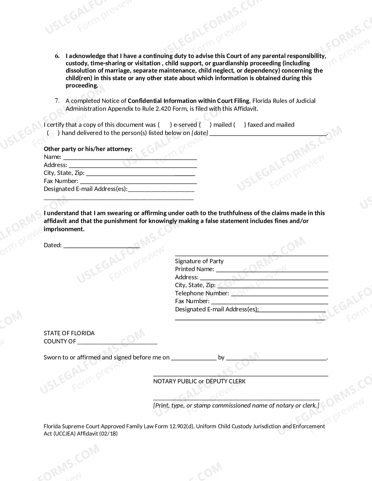 Preview Uniform Child Custody Jurisdiction and Enforcement - UCCJEA - Affidavit