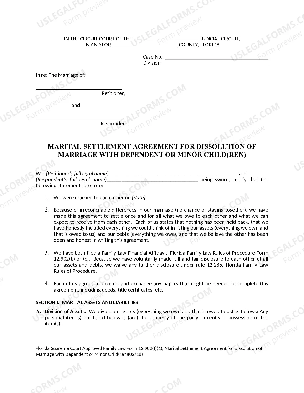 Preview Marital Settlement Agreement for Dissolution of Marriage with Dependent or Minor Children