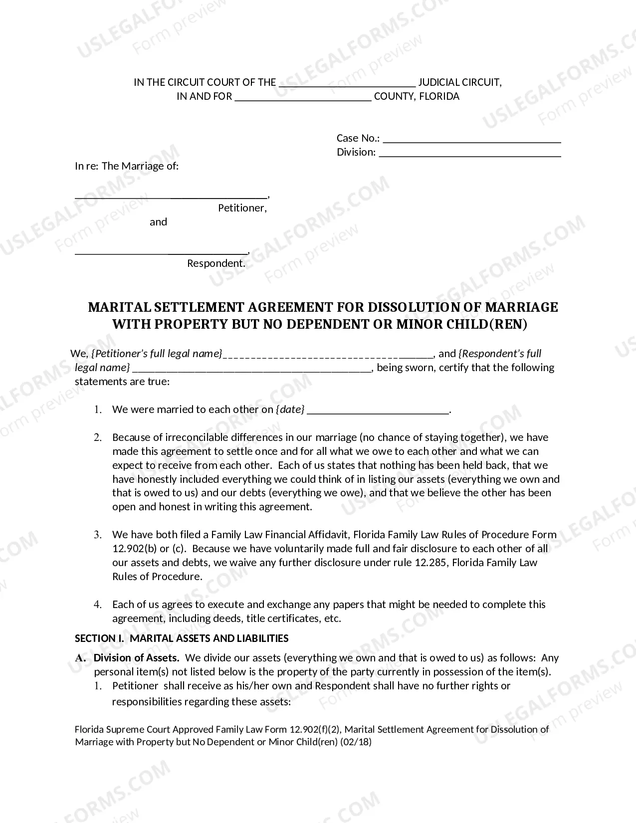 Preview Marital Settlement Agreement for Dissolution of Marriage with Property but No Dependent or Minor Children
