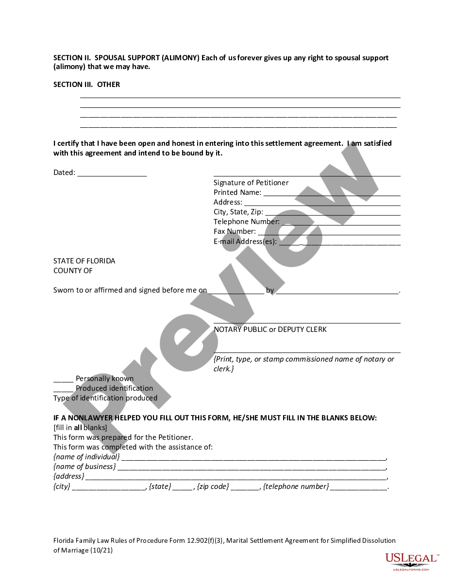 form Marital Settlement Agreement for Simplified Dissolution of Marriage preview