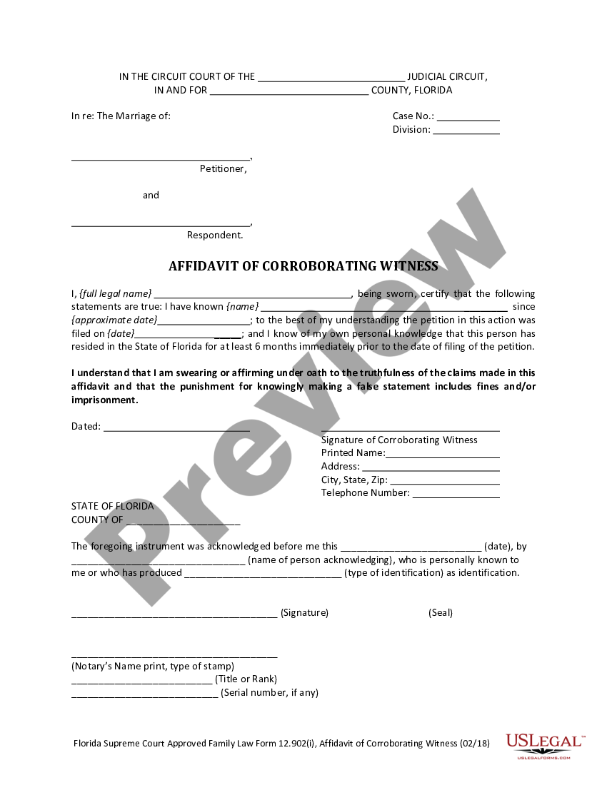 Miami Gardens Florida Affidavit Of Corroborating Witness Us Legal Forms 3463