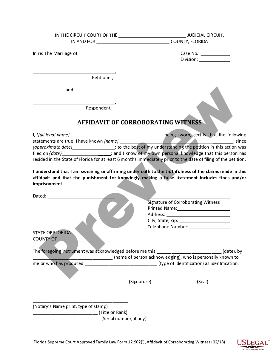 Miami Gardens Florida Affidavit Of Corroborating Witness US Legal Forms