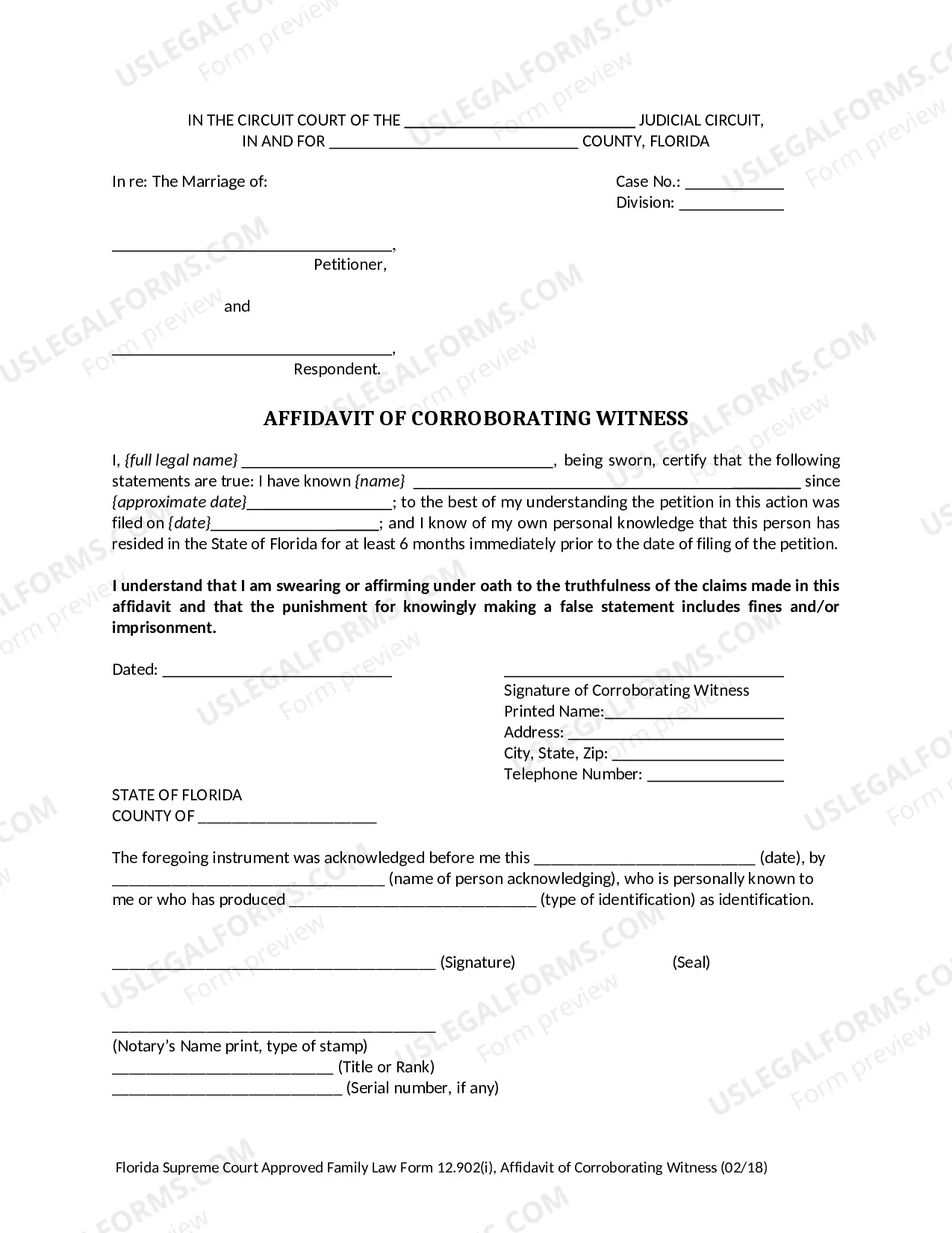 Preview Affidavit of Corroborating Witness