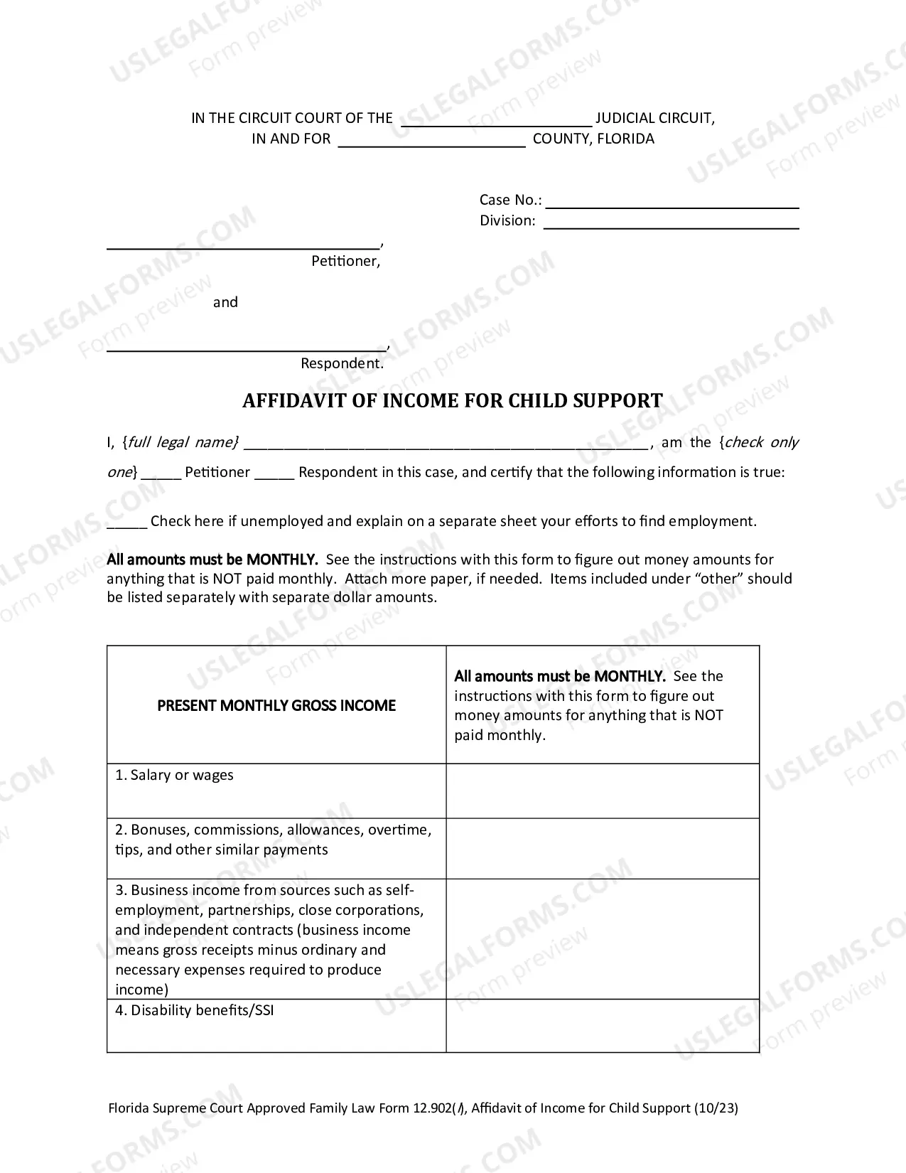 Preview Affidavit of Income for Child Support