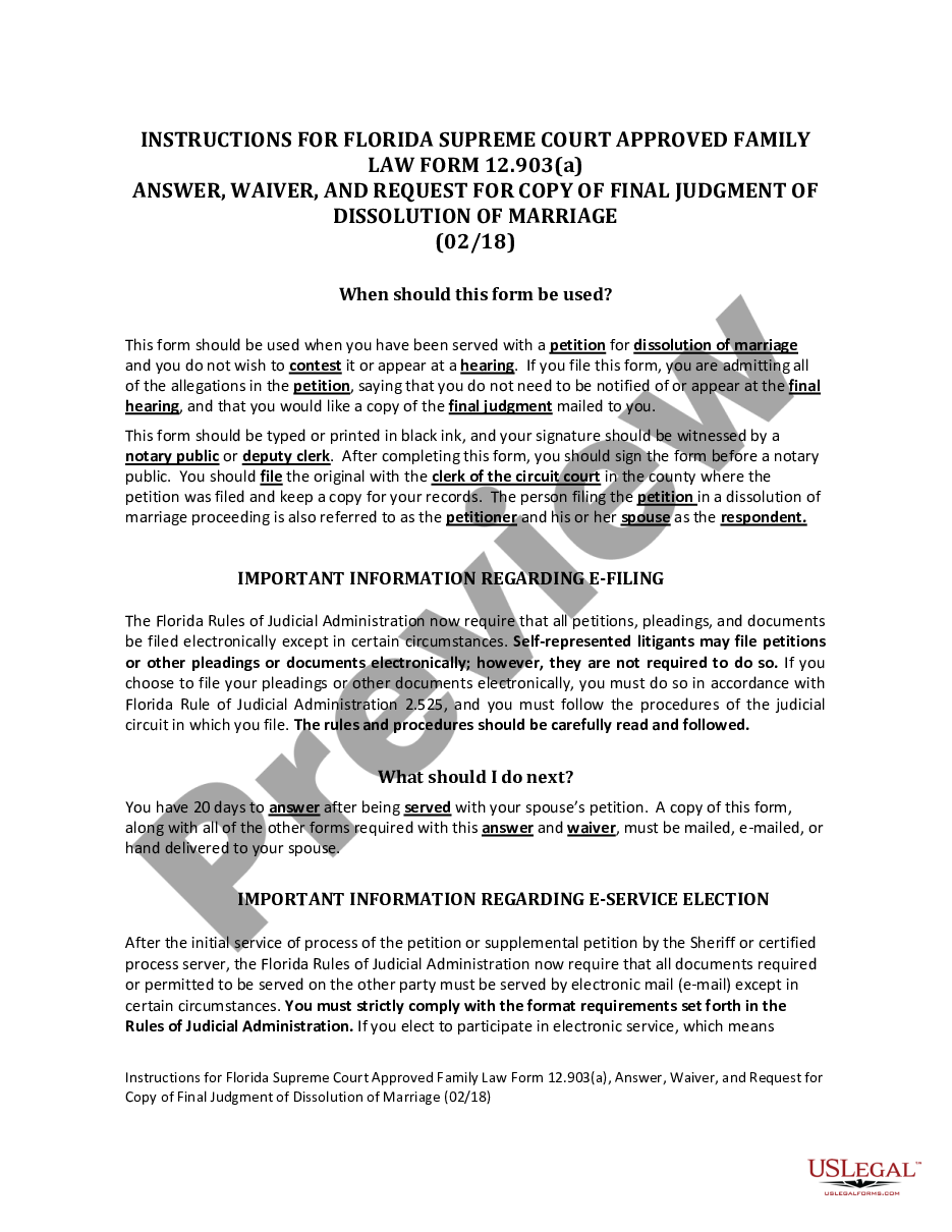 form Answer, Waiver, and Request for Copy of Final Judgment of Dissolution of Marriage preview